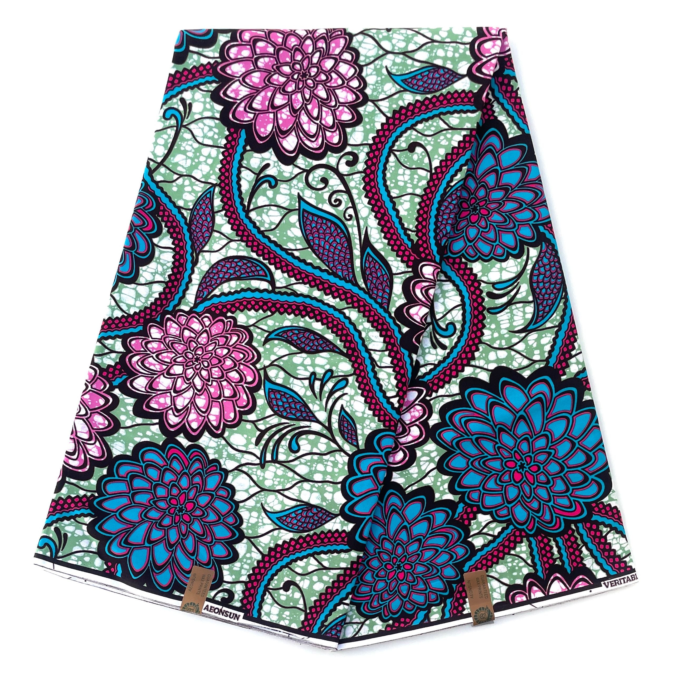 Wax Pagne Africain - Tissu 6 Yards 100% Coton - VERT / BLEU / ROSE