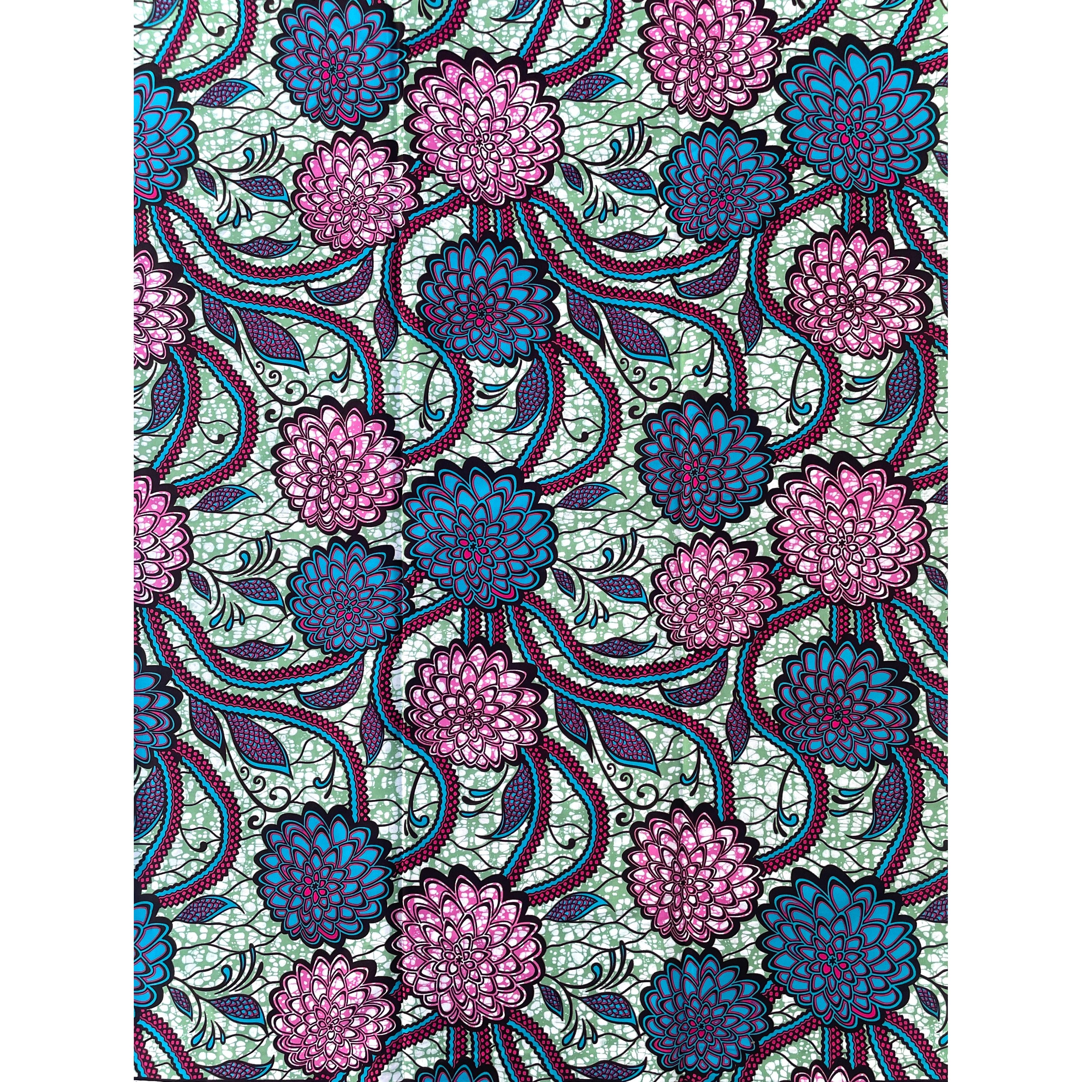 Wax Pagne Africain - Tissu 6 Yards 100% Coton - VERT / BLEU / ROSE