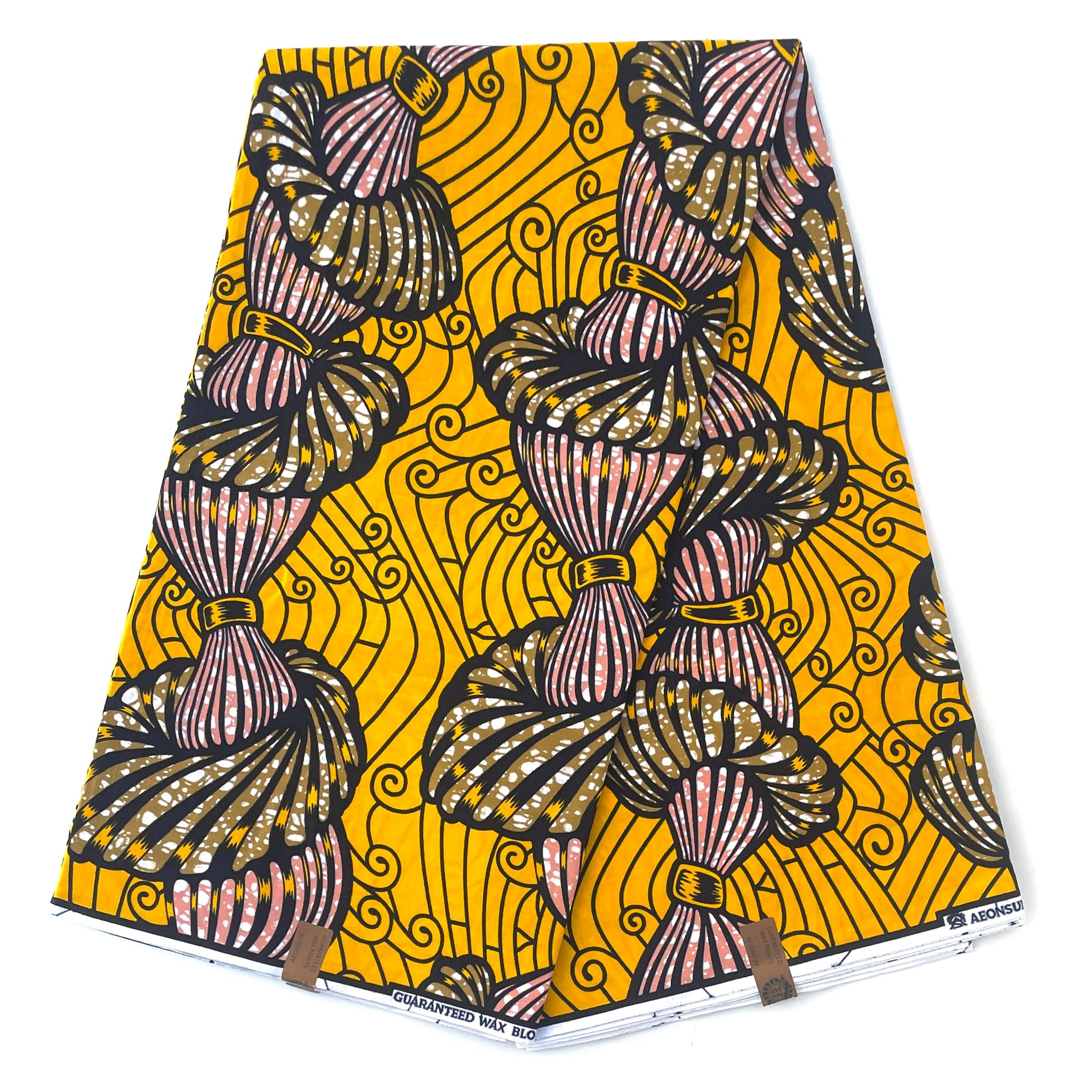 Wax Pagne Africain - Tissu 6 Yards 100% Coton - JAUNE FONCÉ / ROSE CLAIR