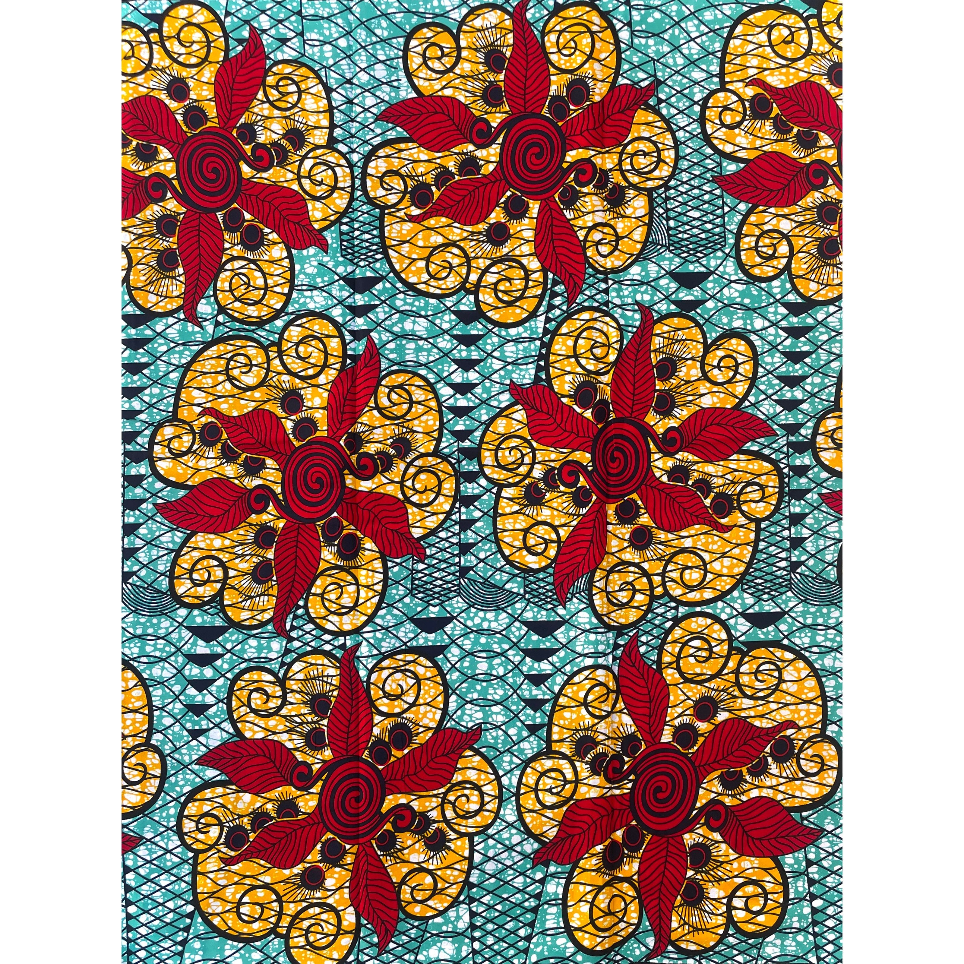 Wax Pagne Africain - Tissu 6 Yards 100% Coton - ROUGE / ORANGE