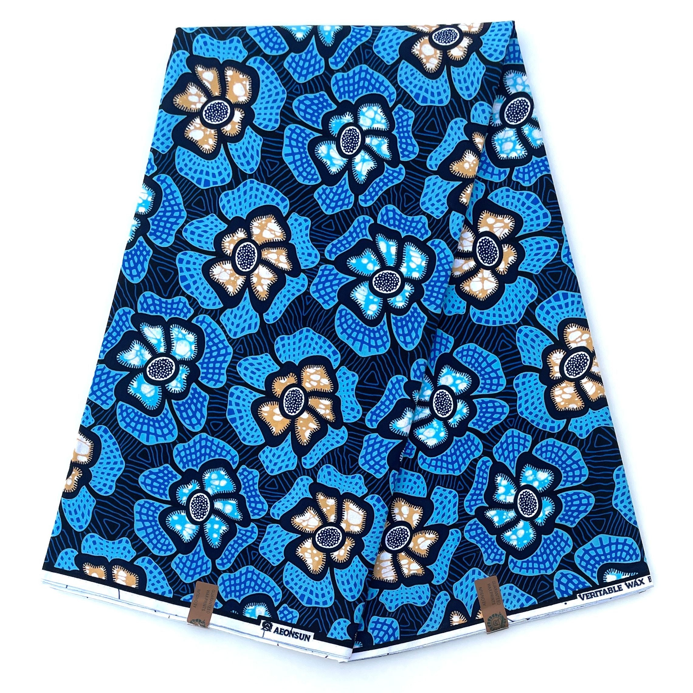 Wax Pagne Africain - Tissu 6 Yards 100% Coton - BLEU / BEIGE