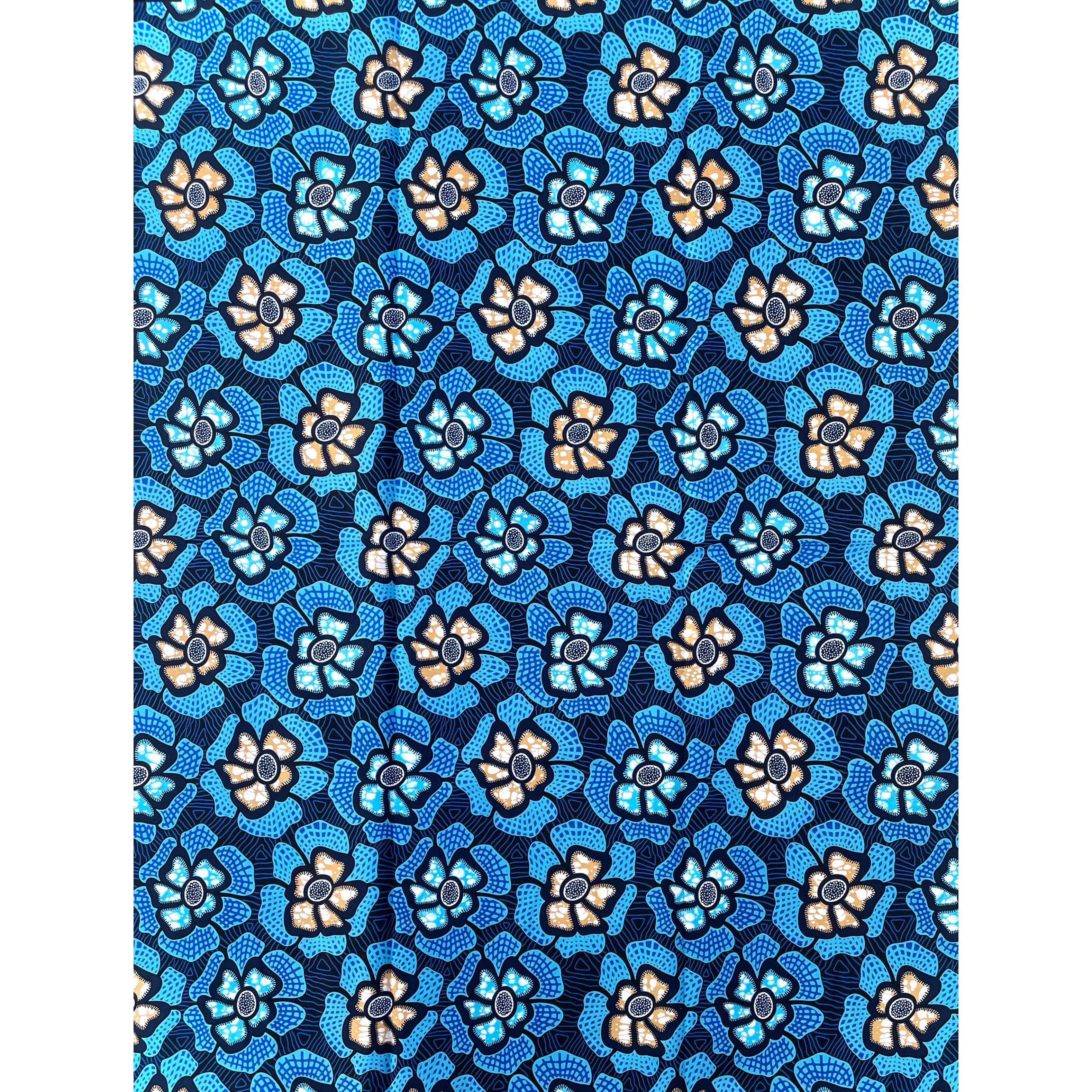 Wax Pagne Africain - Tissu 6 Yards 100% Coton - BLEU / BEIGE