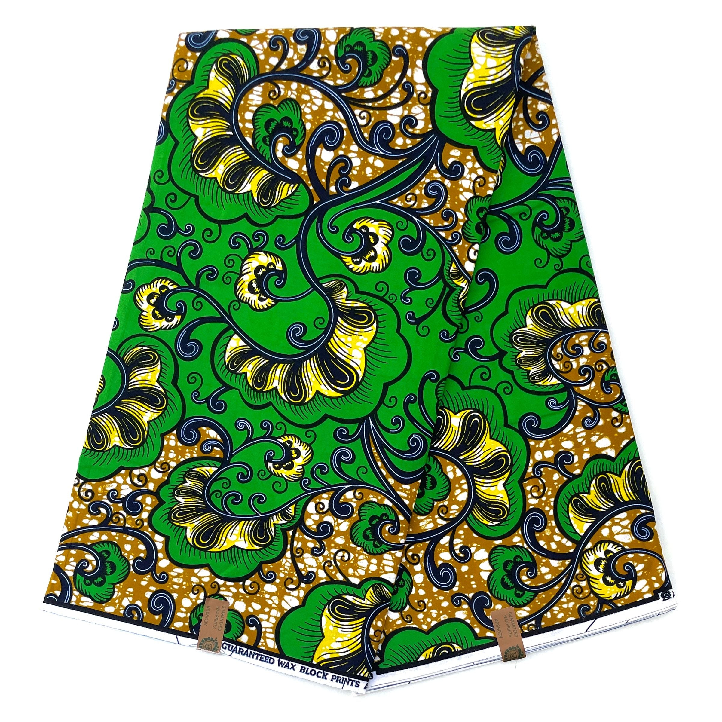 Wax Pagne Africain - Tissu 6 Yards 100% Coton - VERT / JAUNE