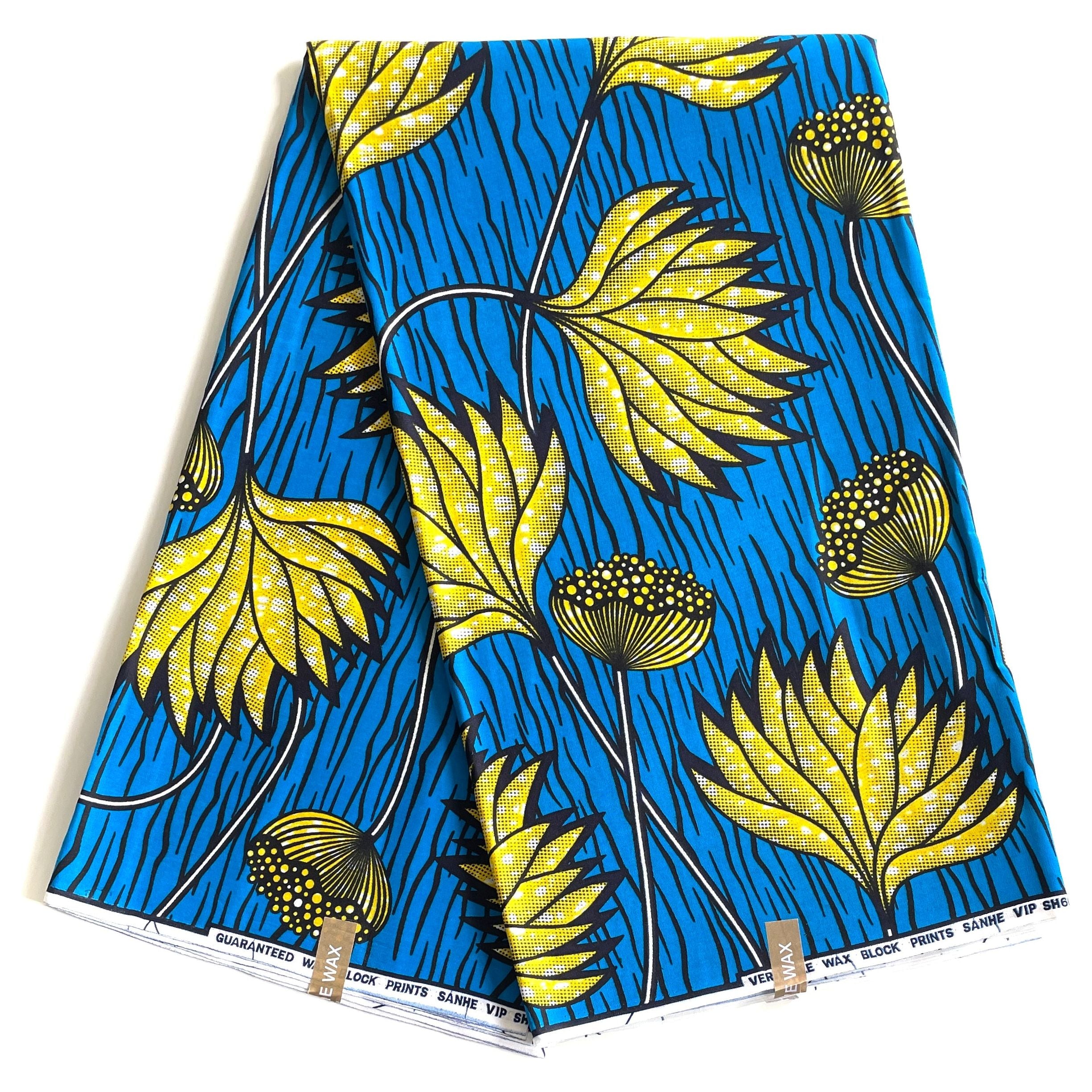 Wax Pagne Africain - Tissu 100% Coton - BLEU / JAUNE