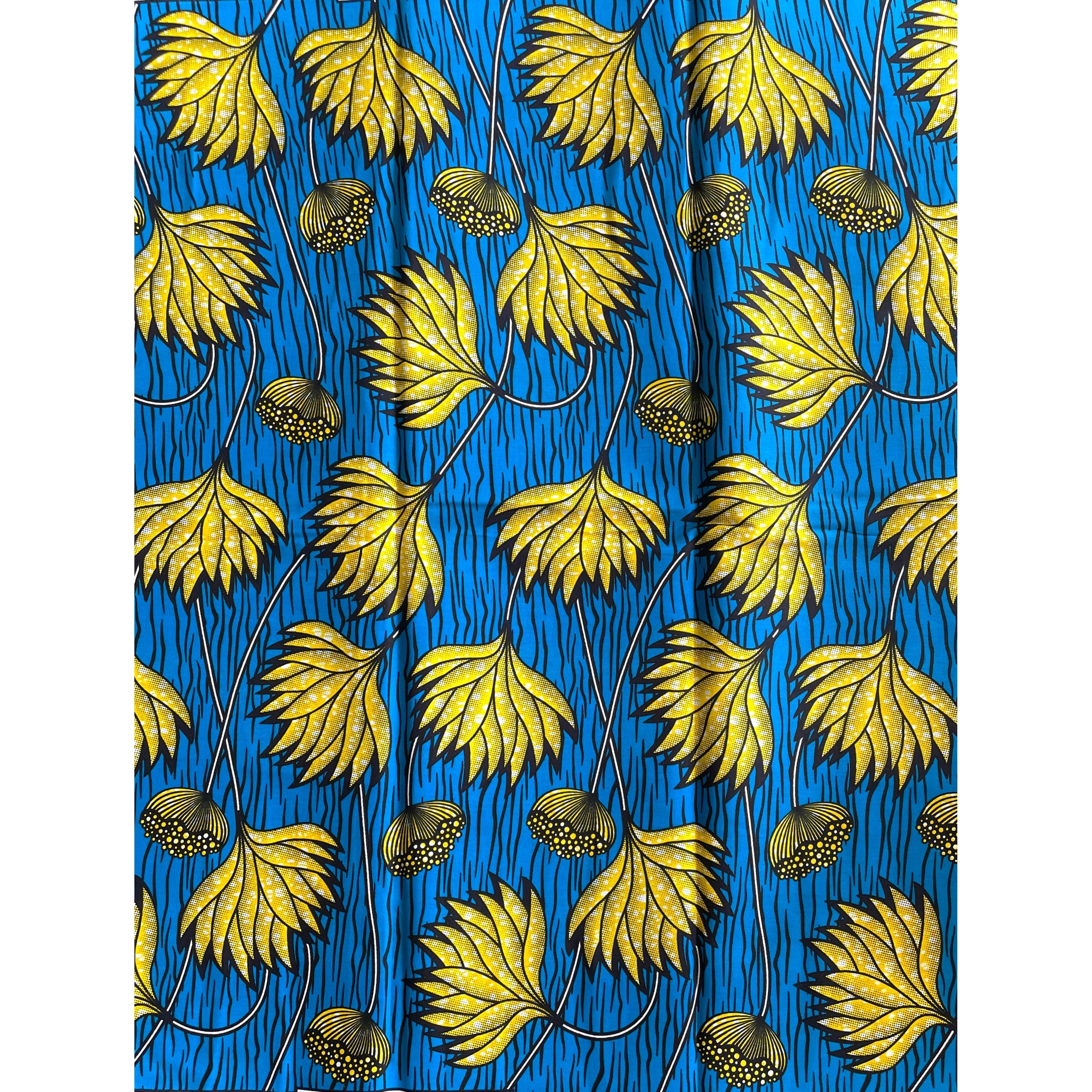 Wax Pagne Africain - Tissu 100% Coton - BLEU / JAUNE