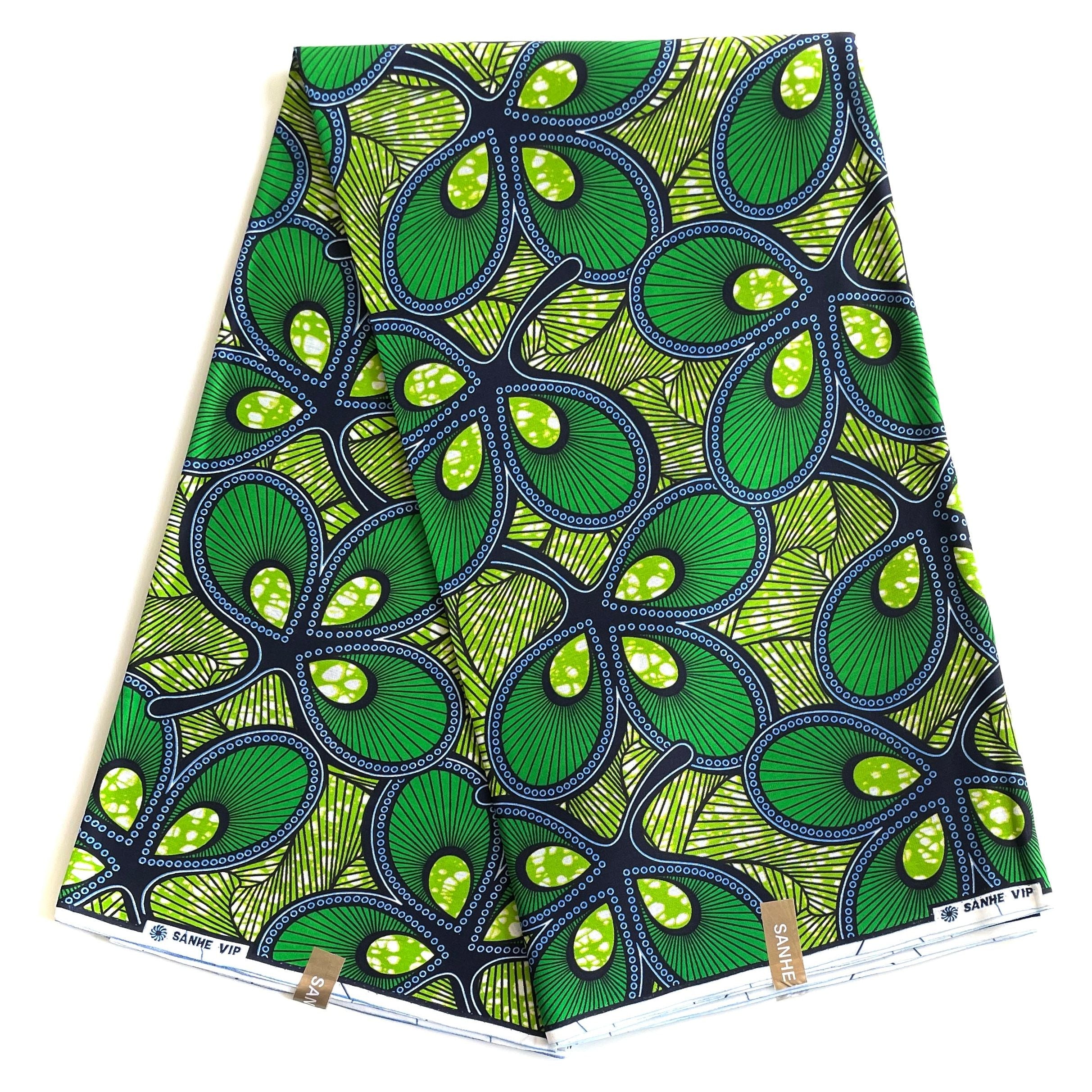 Wax Pagne Africain - Tissu 100% Coton - VERT / BLEU