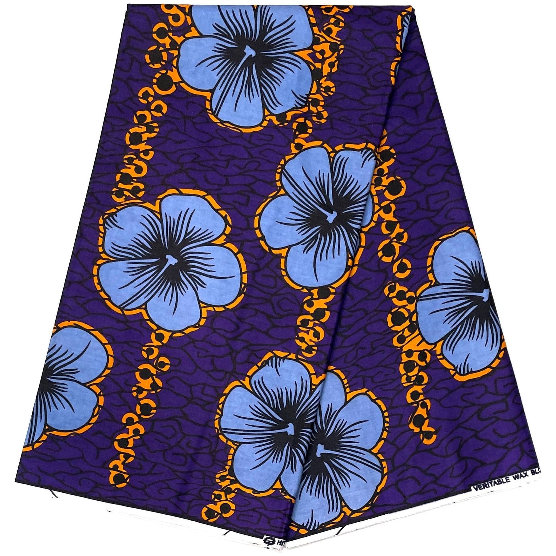 African Wax Pagne - Fabric 6 Yards 100% Cotton - Flowers Bottom - PURPLE / SKY BLUE