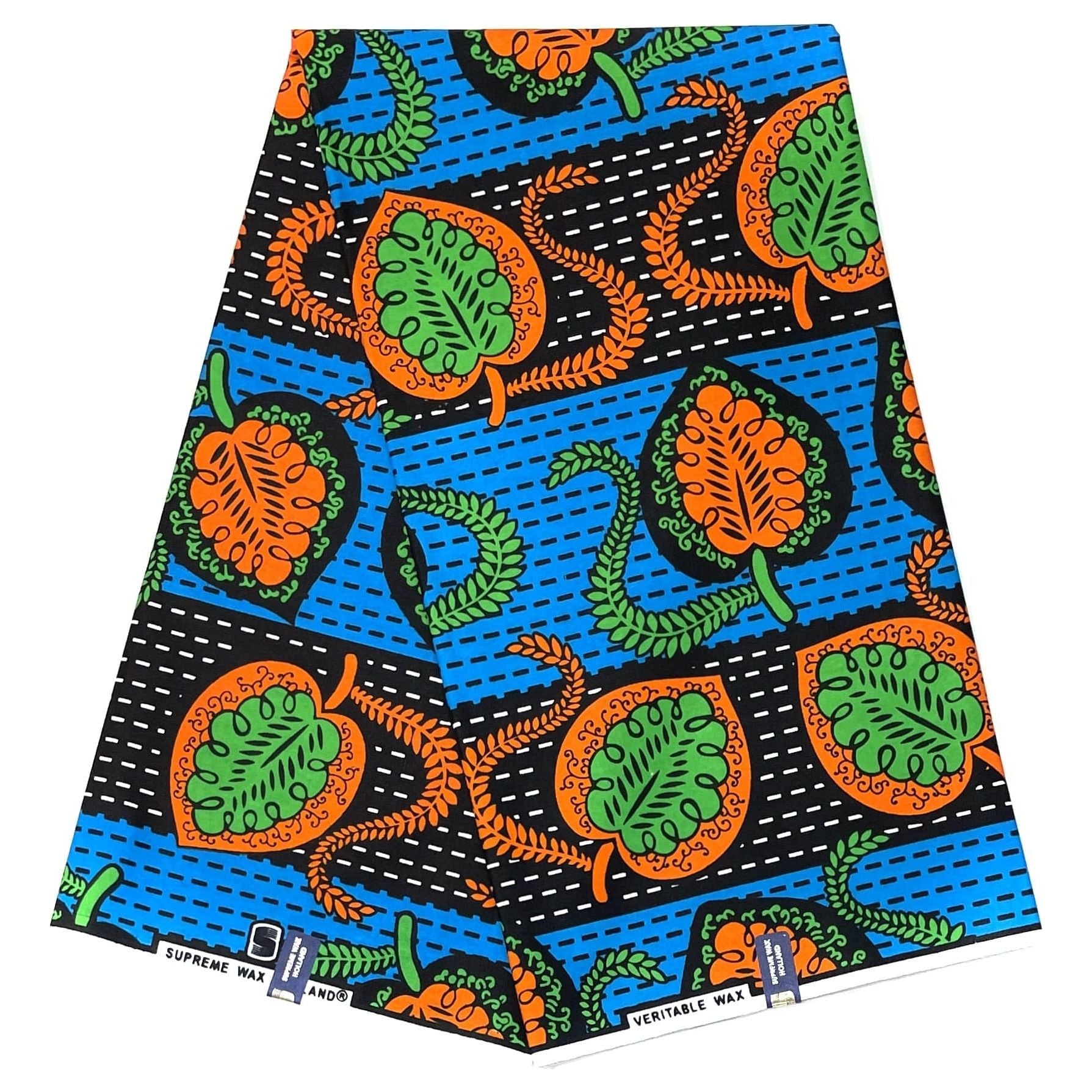 Tissu Pagne Africain - 6 Yards 100% Coton - SUPREME WAX - BLEU / ORANGE