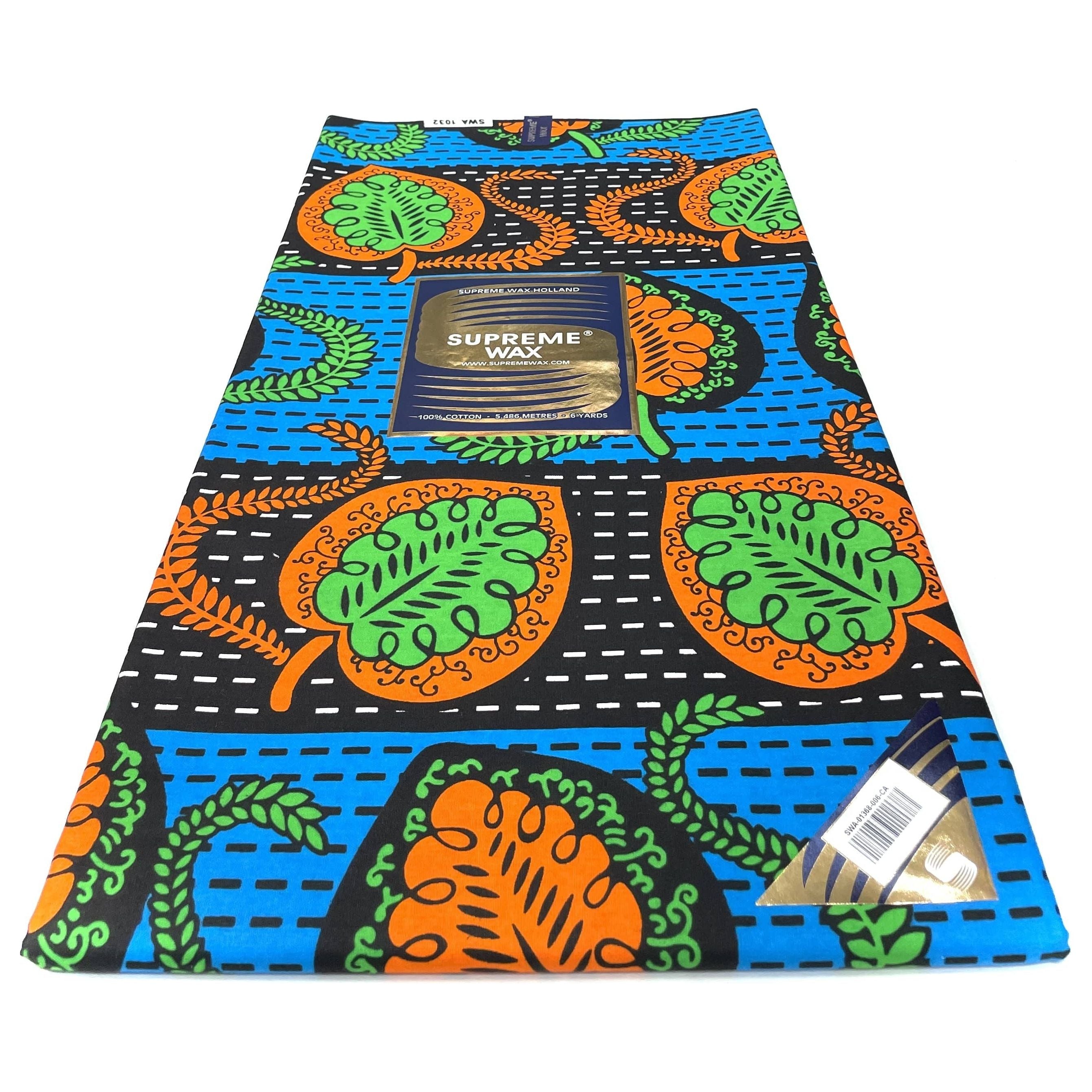 Tissu Pagne Africain - 6 Yards 100% Coton - SUPREME WAX - BLEU / ORANGE