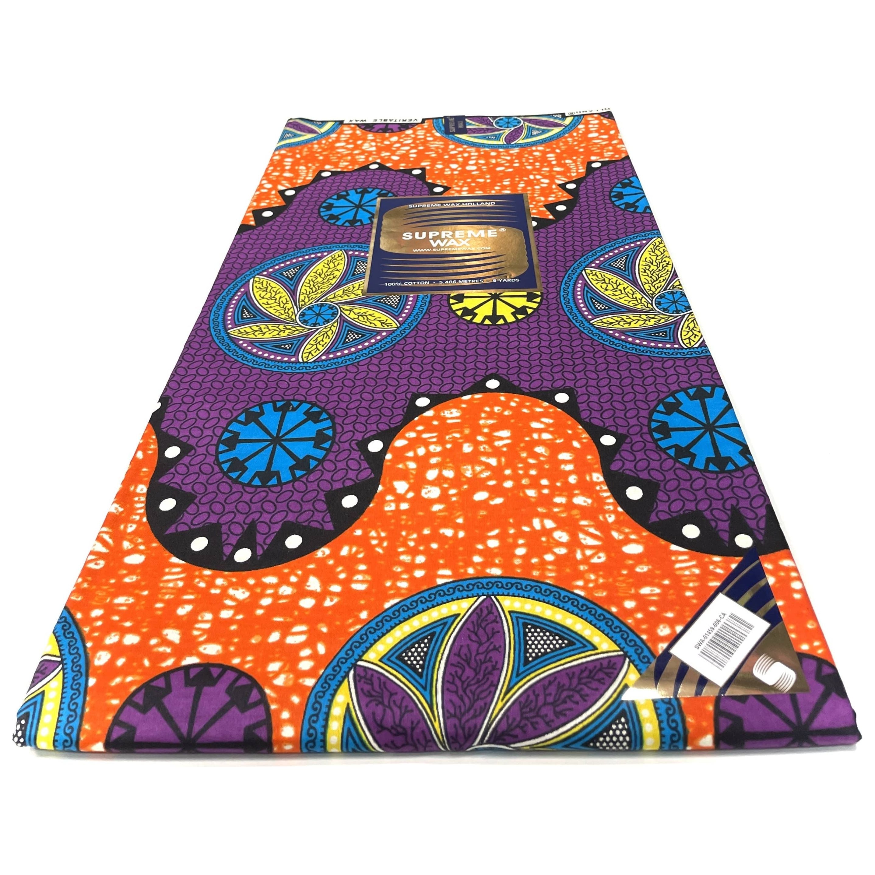 Tissu Pagne Africain - 6 Yards 100% Coton - SUPREME WAX - ORANGE / VIOLET