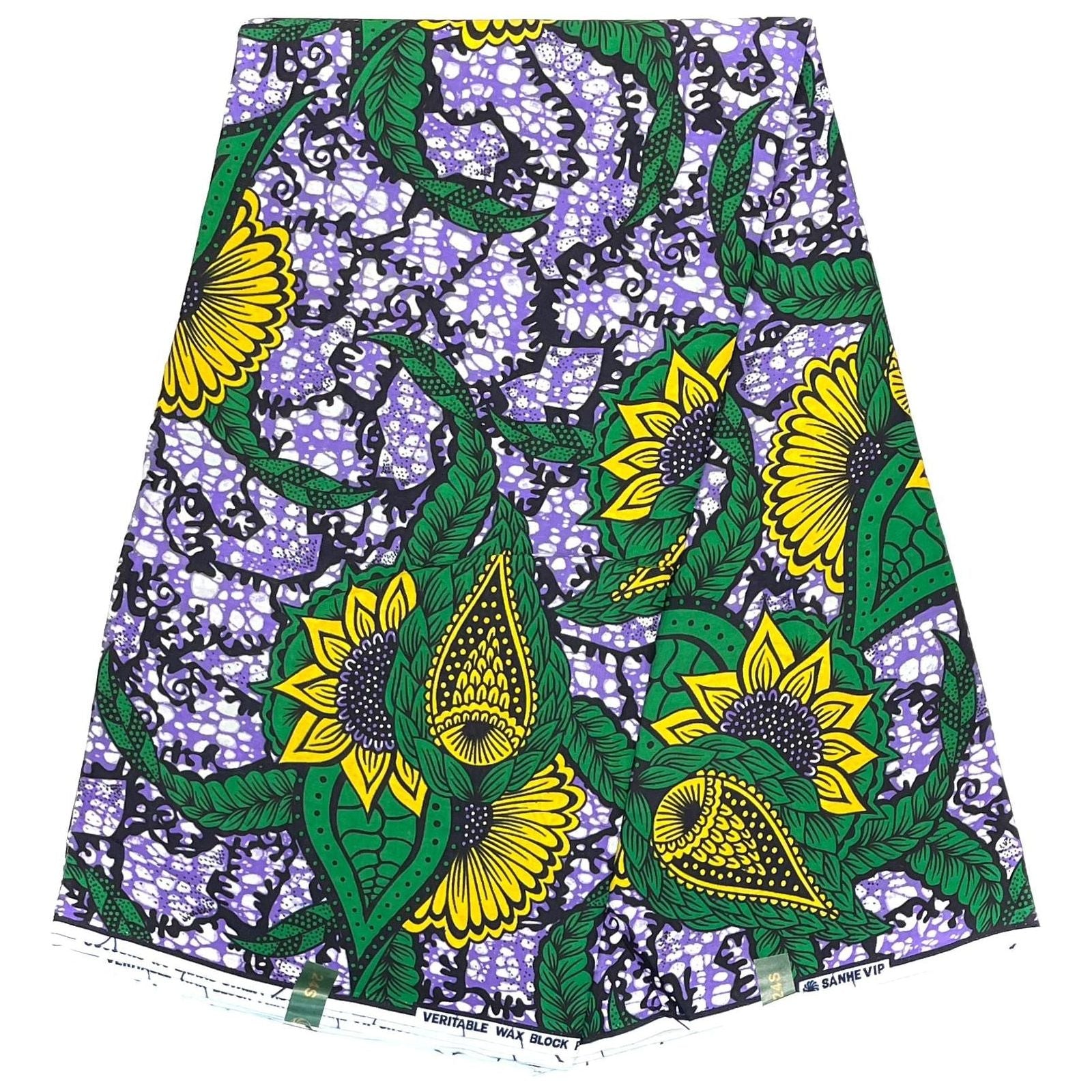 Pagne di cera africana - Tessuto 100% cotone da 6 metri - VIOLA / VERDE