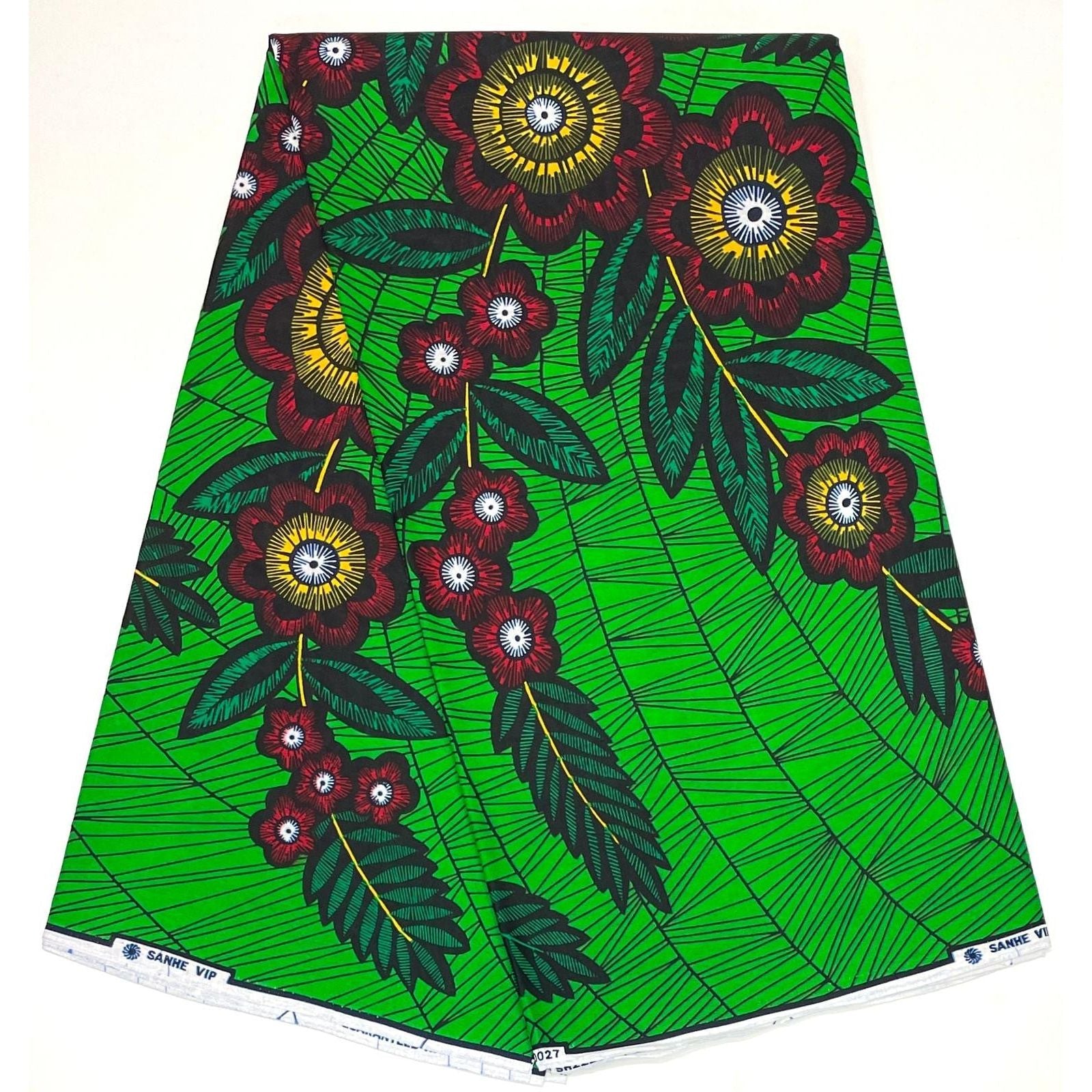 Wax African Loincloth Fabric - Coupon 2 Yards 100% Cotton - GREEN / RED