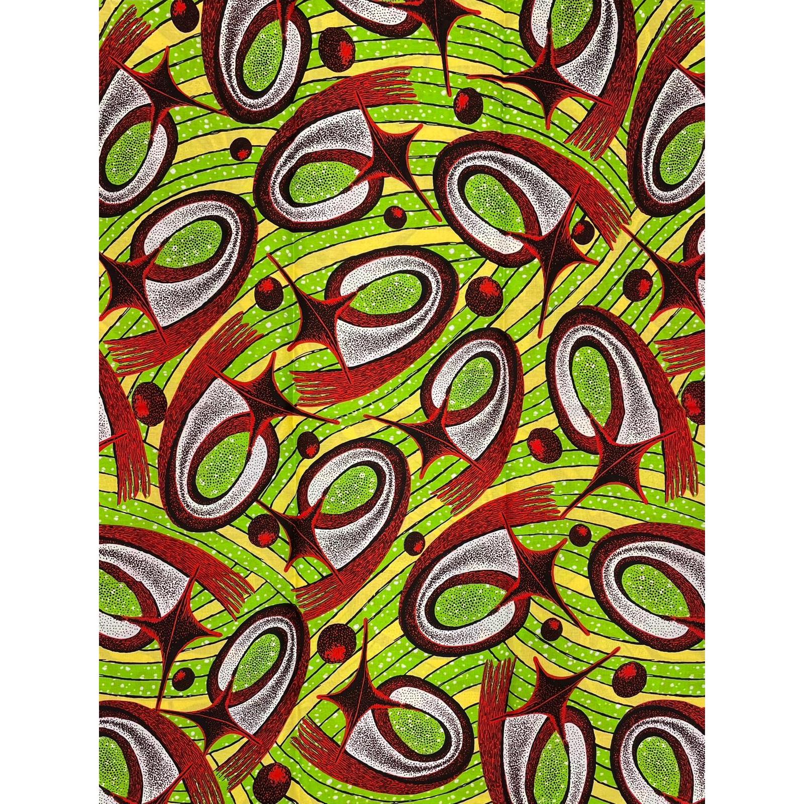 Wax African Loincloth Fabric - Coupon 2 Yards 100% Cotton - GREEN / RED