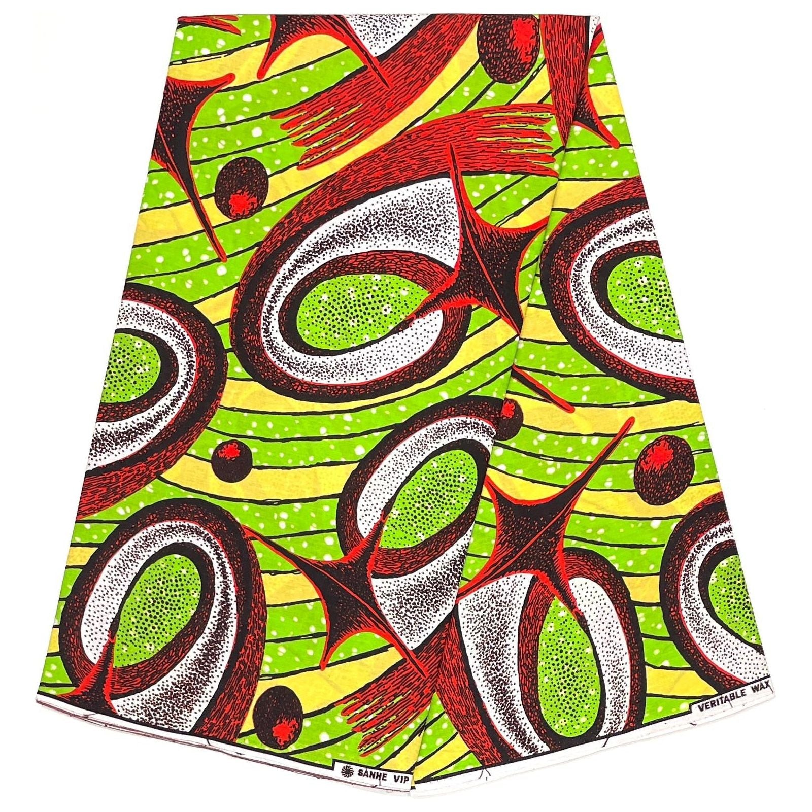 Wax African Loincloth Fabric - Coupon 2 Yards 100% Cotton - GREEN / RED
