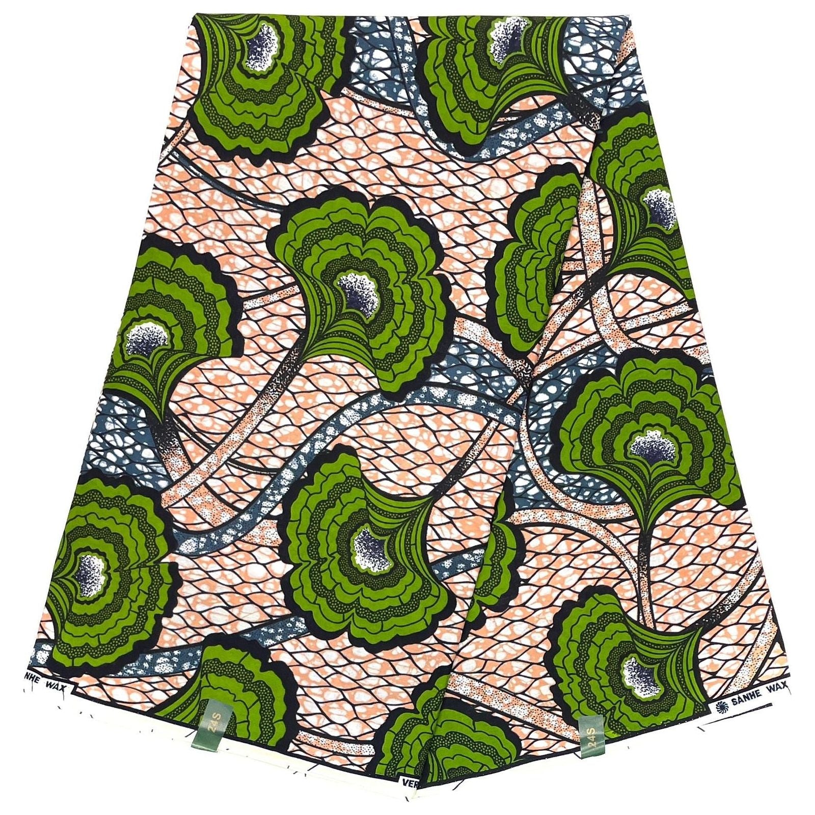 Wax African Loincloth Fabric - Coupon 2 Yards 100% Cotton - GREEN