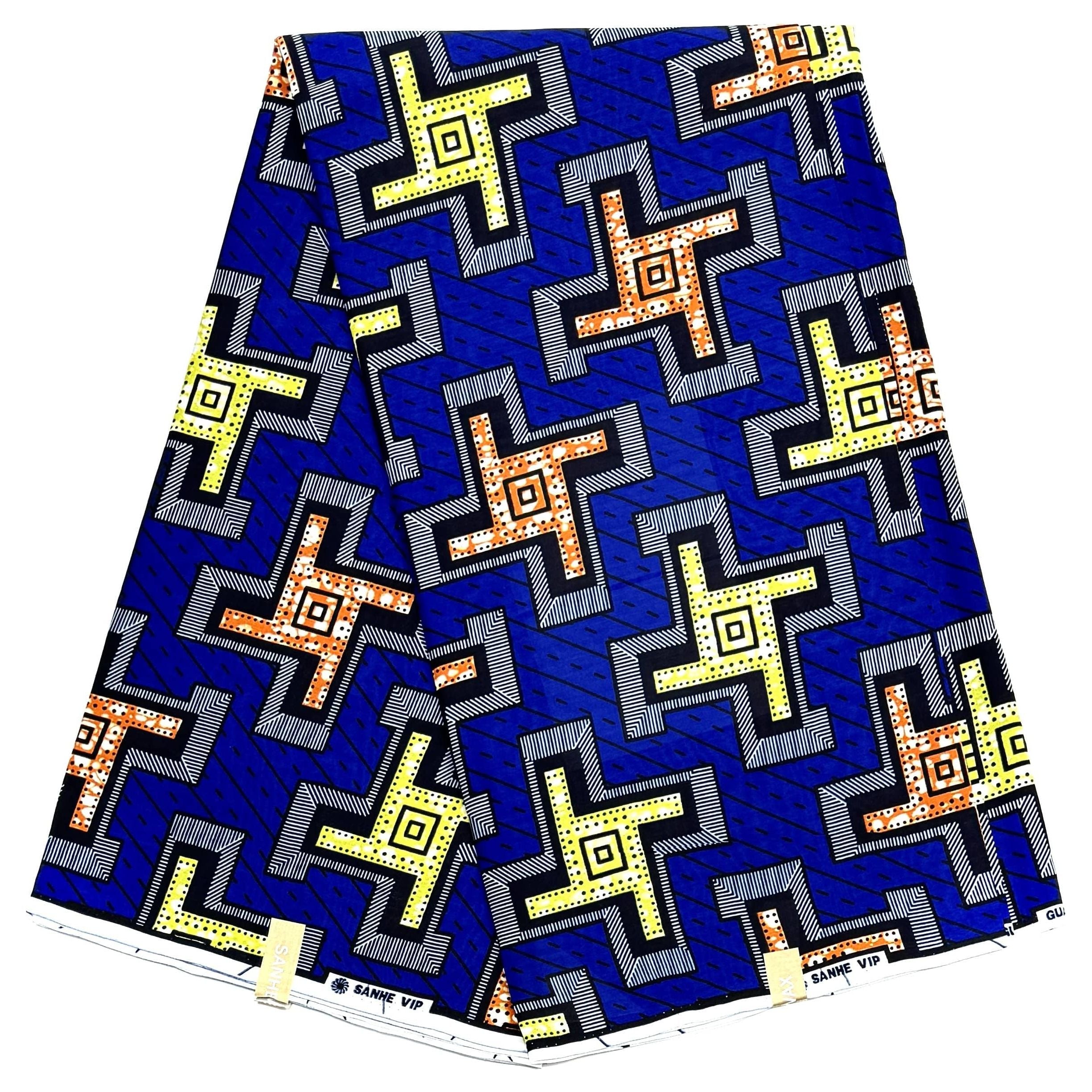 Wax Pagne Africain - Tissu 6 Yards 100% Coton - BLEU / VERT / ORANGE