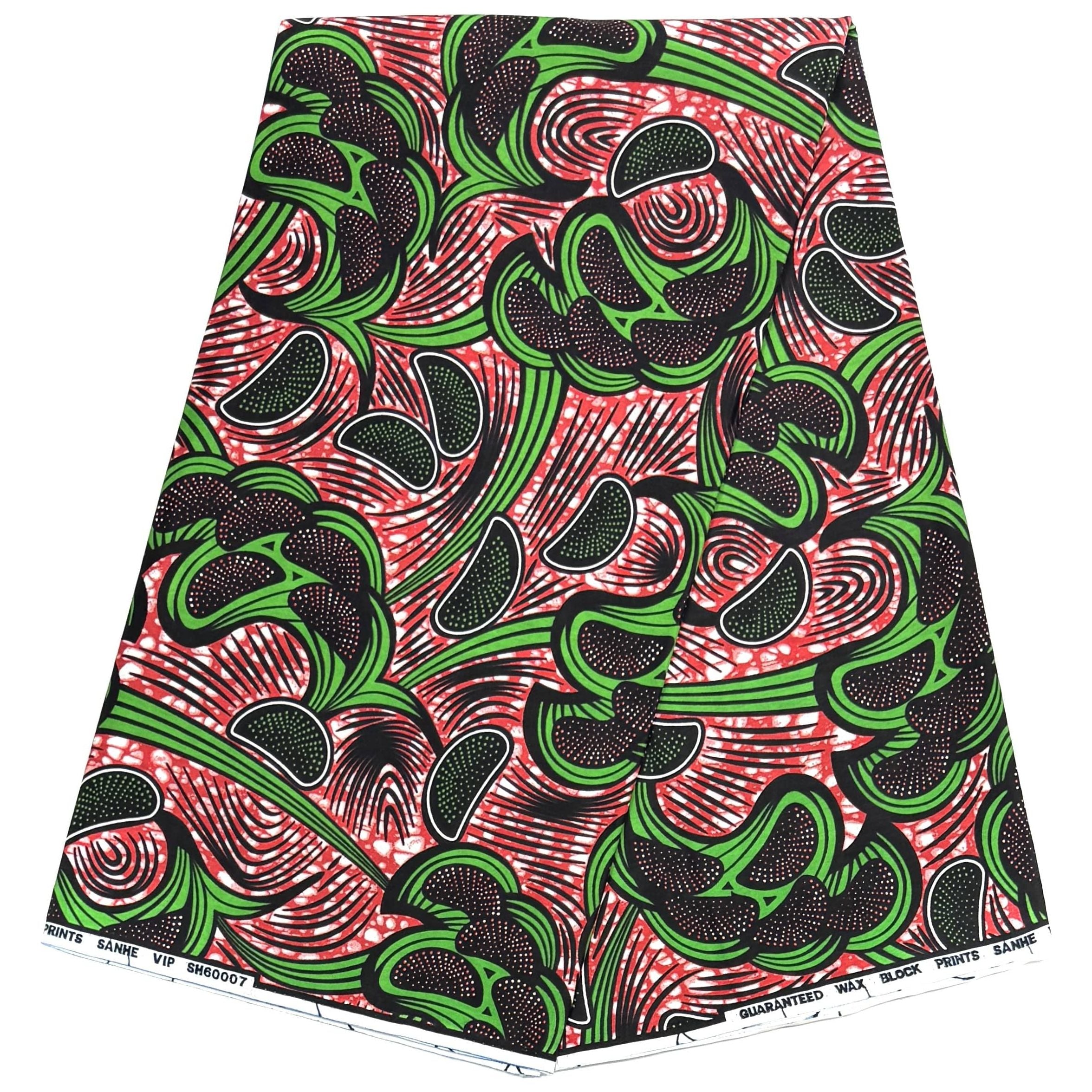 African Wax Pagne - 6 Yards 100% Cotton Fabric - RED / GREEN