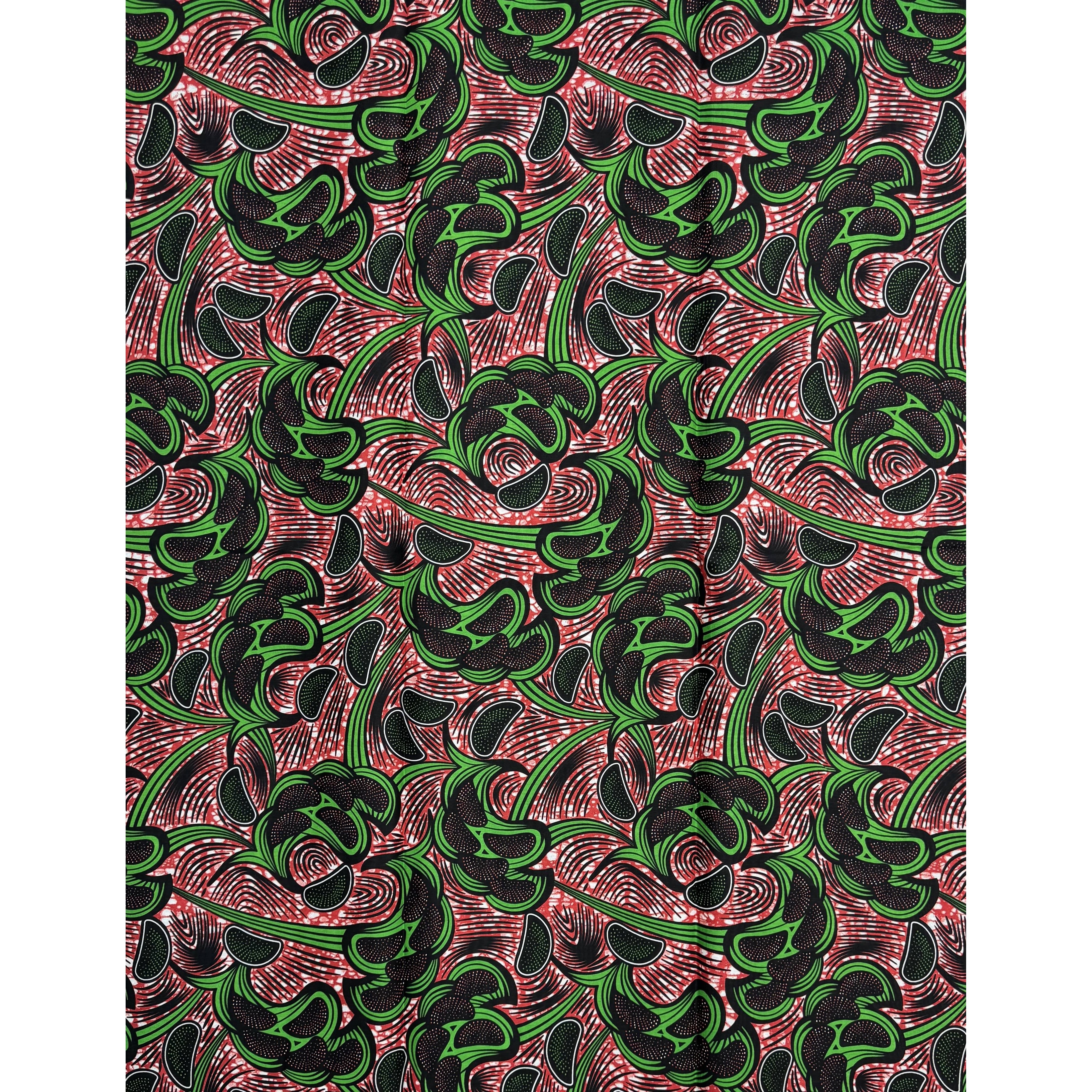 African Wax Pagne - 6 Yards 100% Cotton Fabric - RED / GREEN