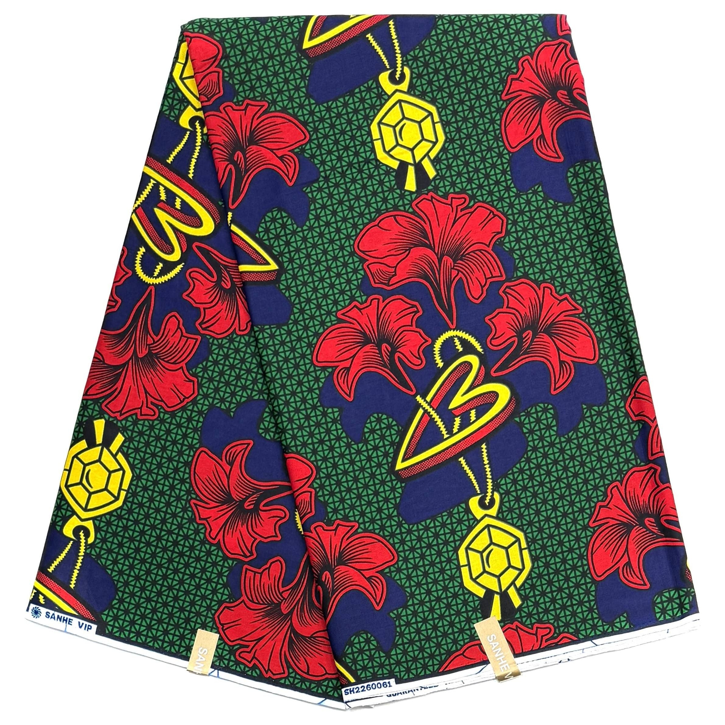 African Wax Pagne - 6 Yards 100% Cotton Fabric - GREEN / RED