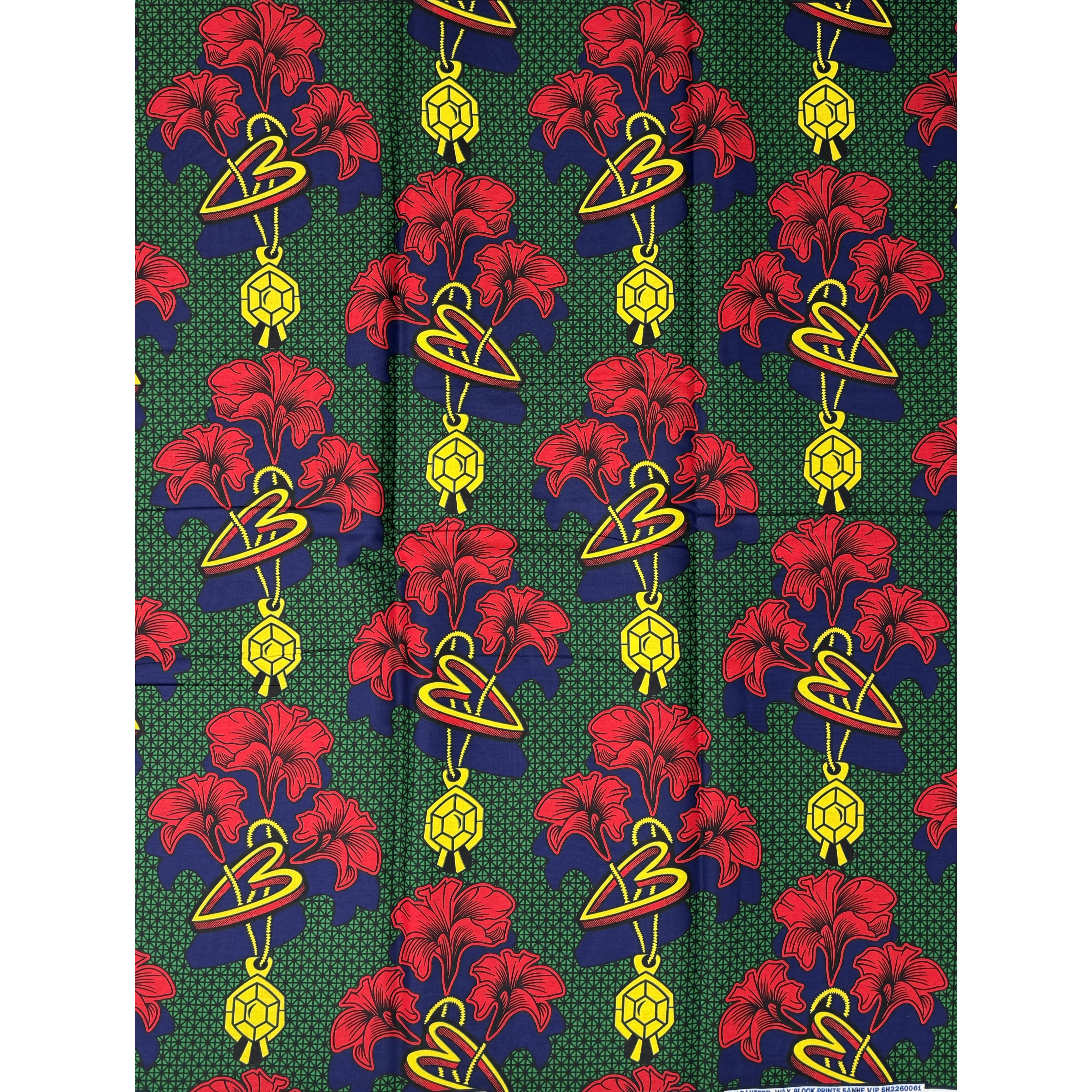 African Wax Pagne - 6 Yards 100% Cotton Fabric - GREEN / RED