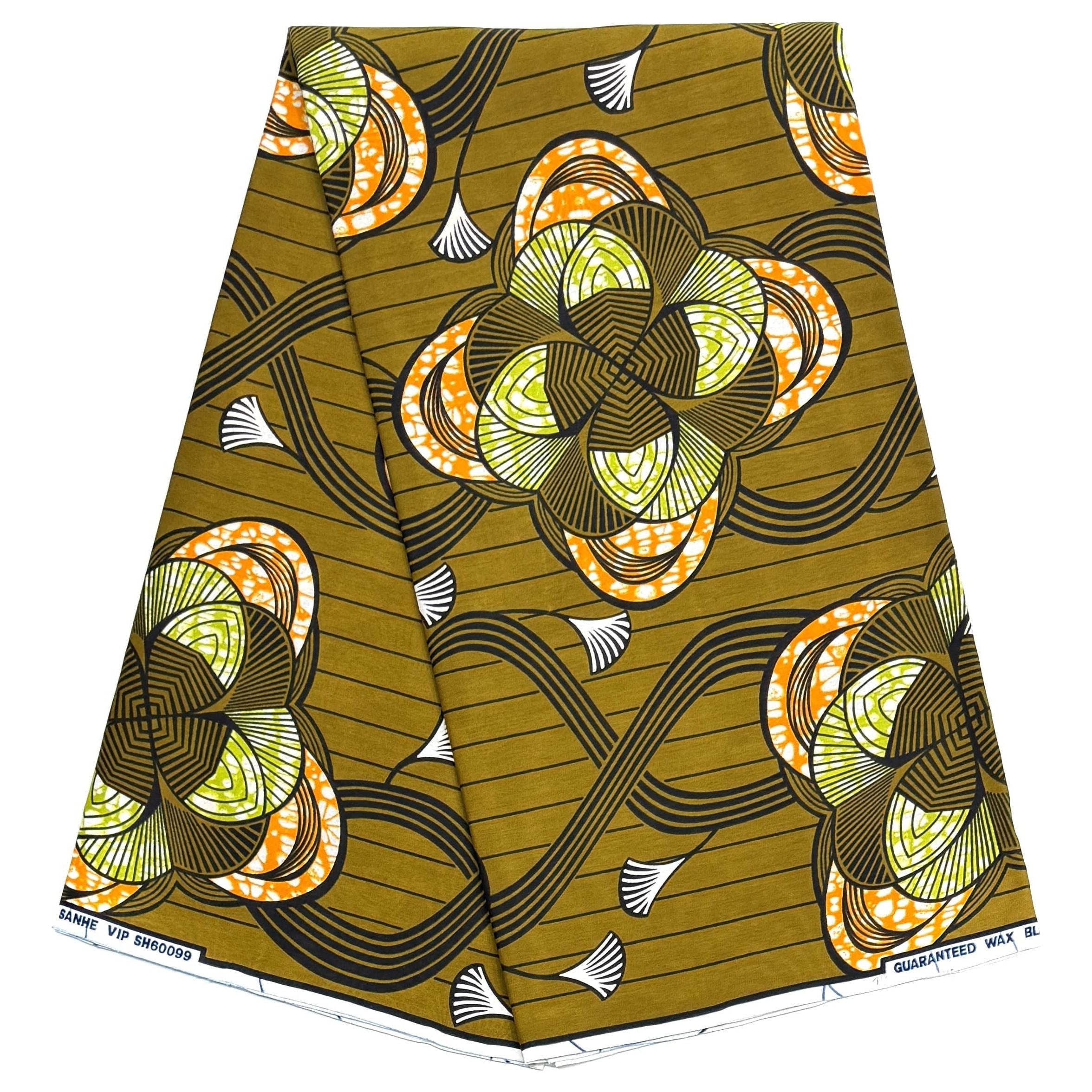 African Wax Pagne - 6 Yards 100% Cotton Fabric - KHAKI / ORANGE