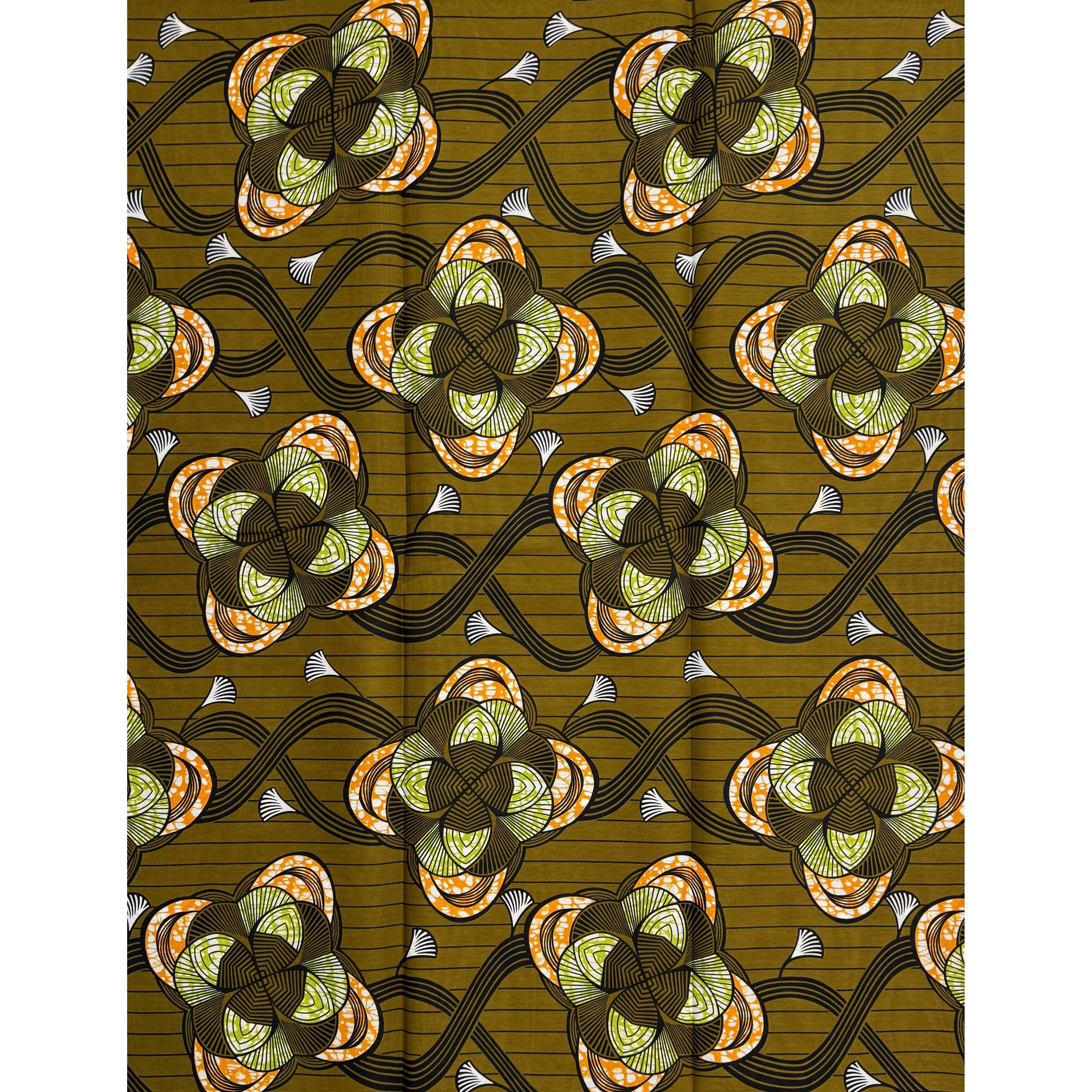 African Wax Pagne - 6 Yards 100% Cotton Fabric - KHAKI / ORANGE