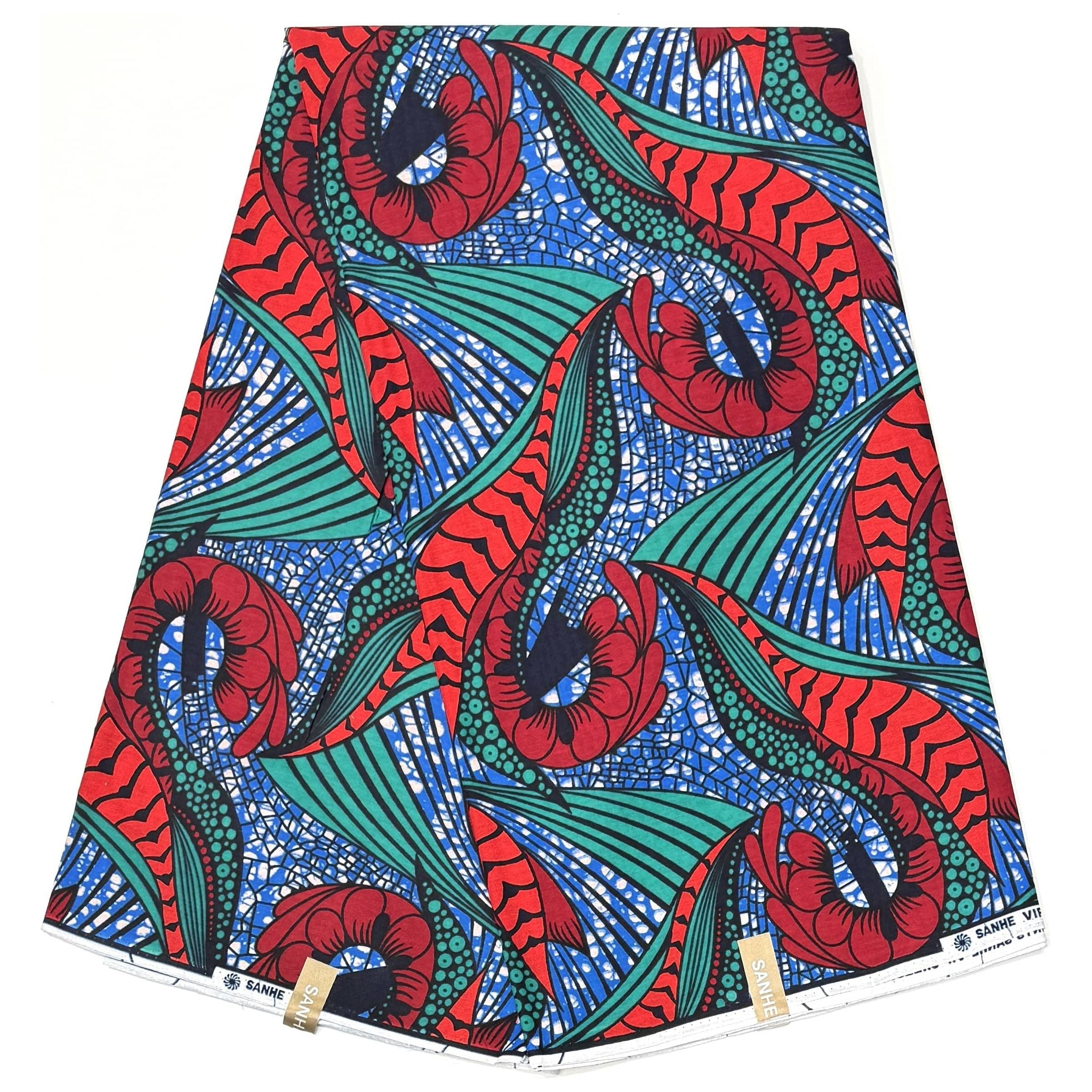 African Wax Pagne - 6 Yards 100% Cotton Fabric - RED / TURQUOISE