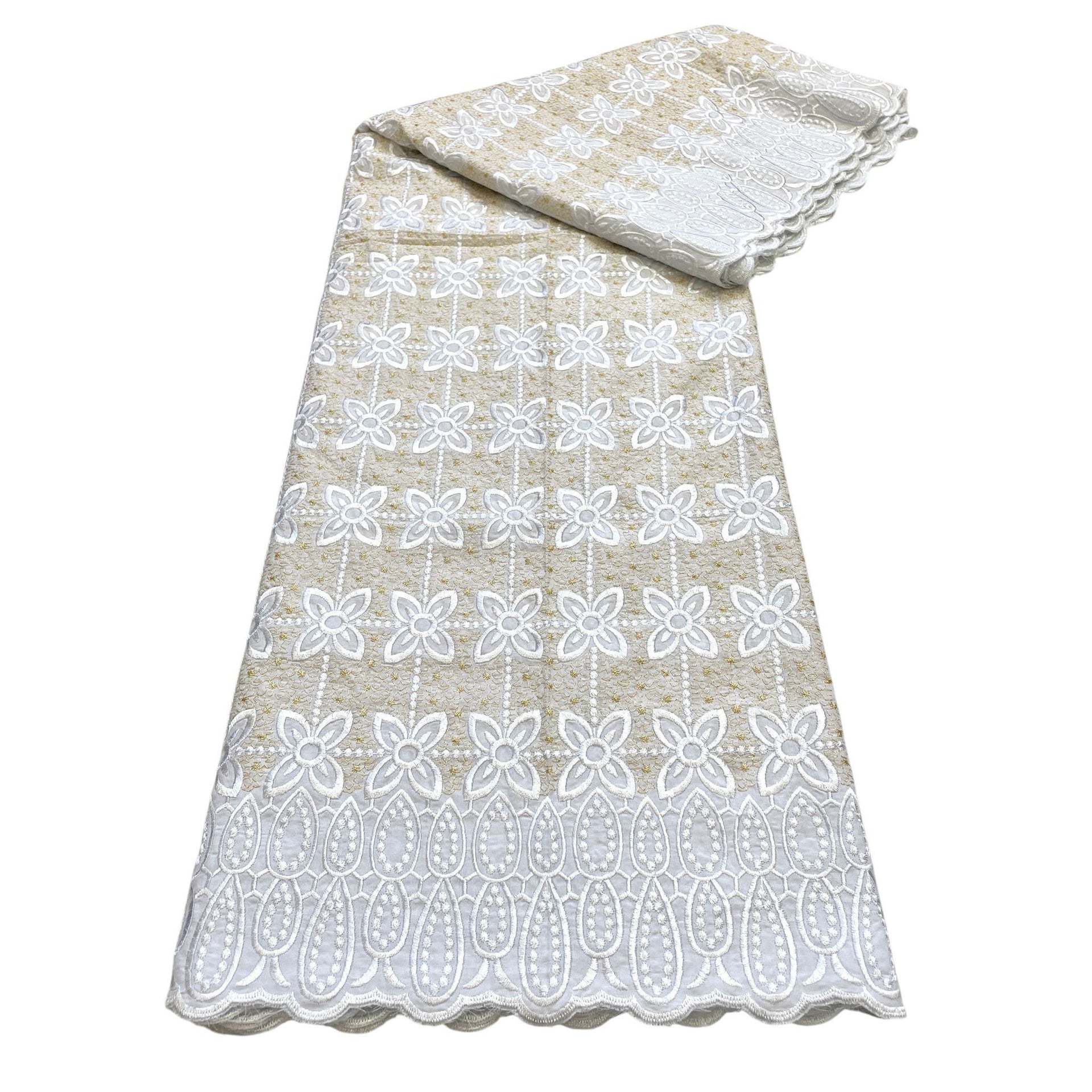 Brodé Broderie type SWISS LACE - Tissu African 5 Yards - BLANC / BEIGE