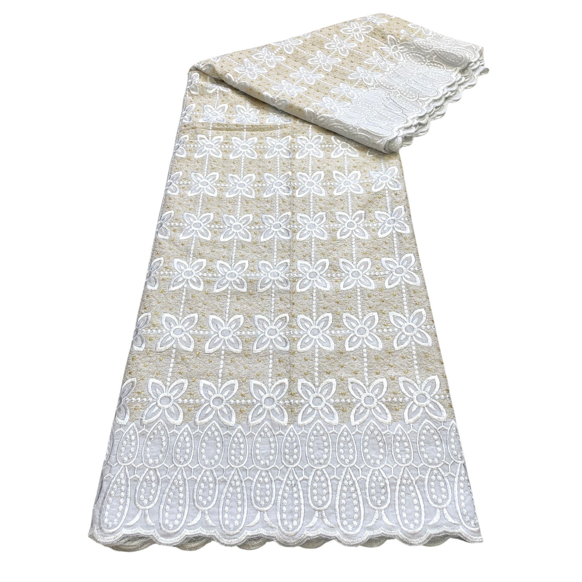 Brodé Broderie type SWISS LACE - Tissu African 5 Yards - BLANC / BEIGE