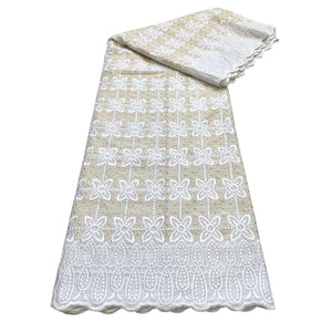 Brodé Broderie type SWISS LACE - Tissu African 5 Yards - BLANC / BEIGE