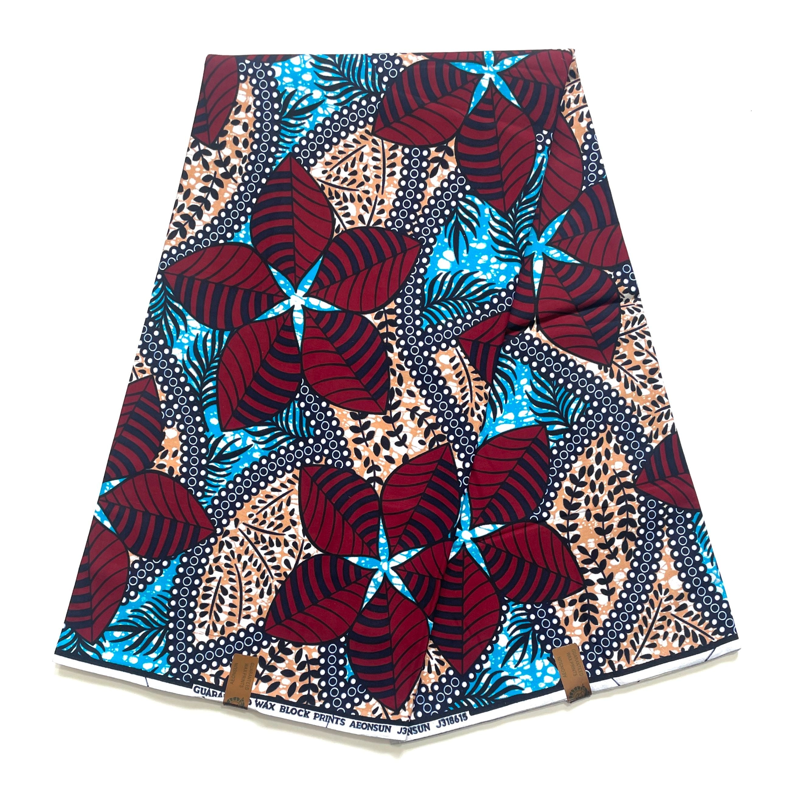 Wax Tissu Coupon 2 Yards - Pagne Africain 100% Coton - Fleur Étoilée BORDEAUX / BLEU