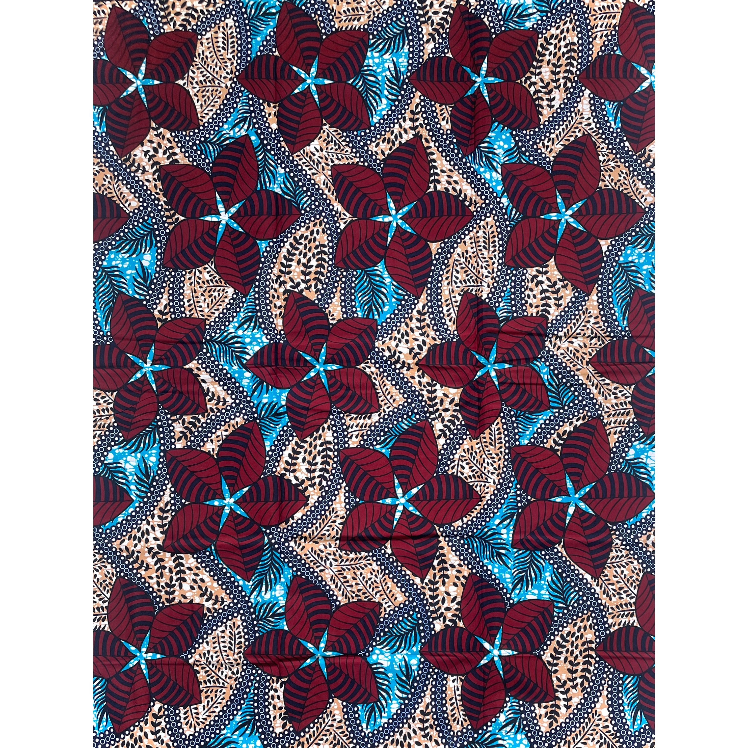 Tissu Wax Pagne Africain - 6 Yards 100% pur coton - Fleur Étoilée BORDEAUX / BLEU