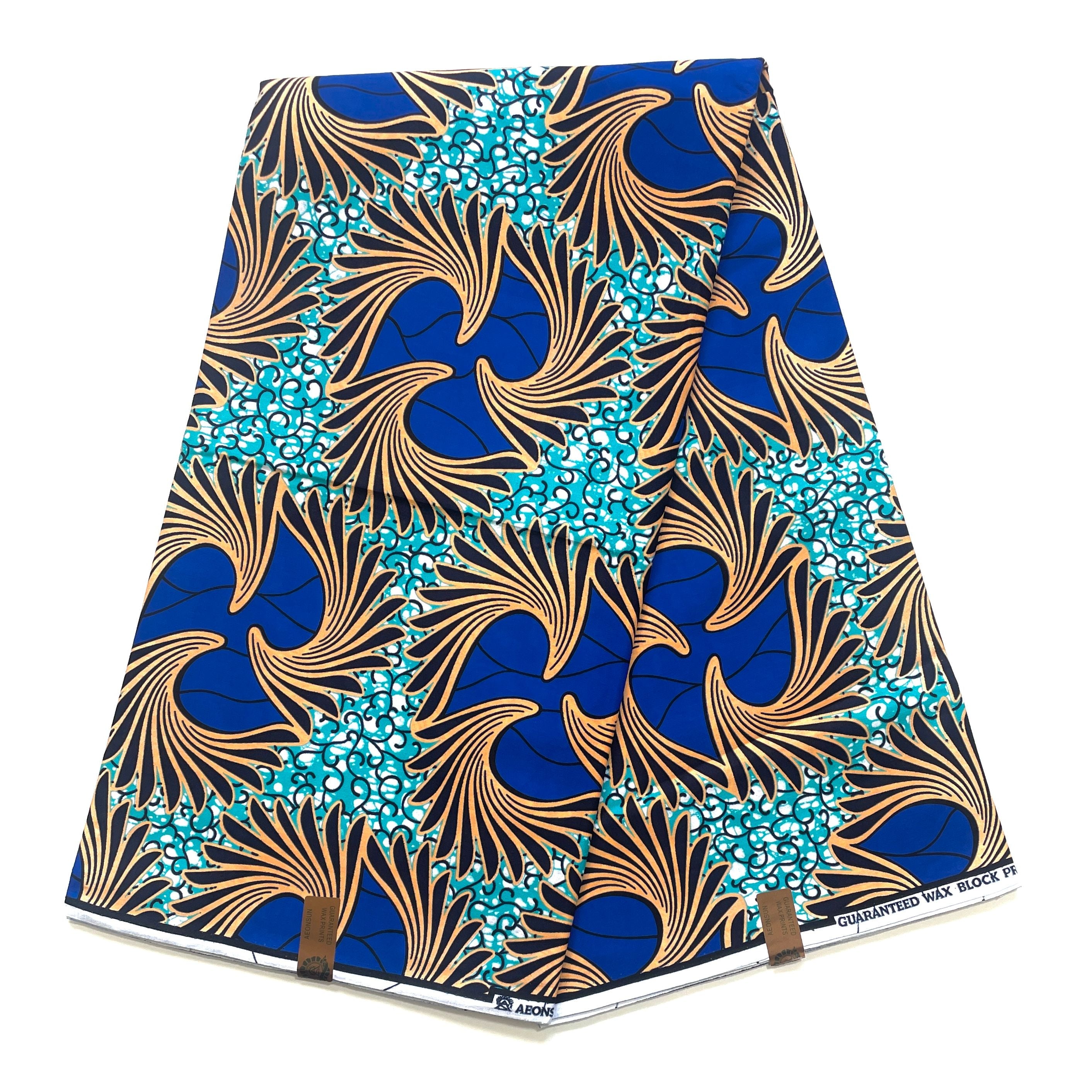 Tissu Wax Pagne Africain - 6 Yards 100% pur coton - Éventails Modernes BLEU / TURQUOISE / BEIGE
