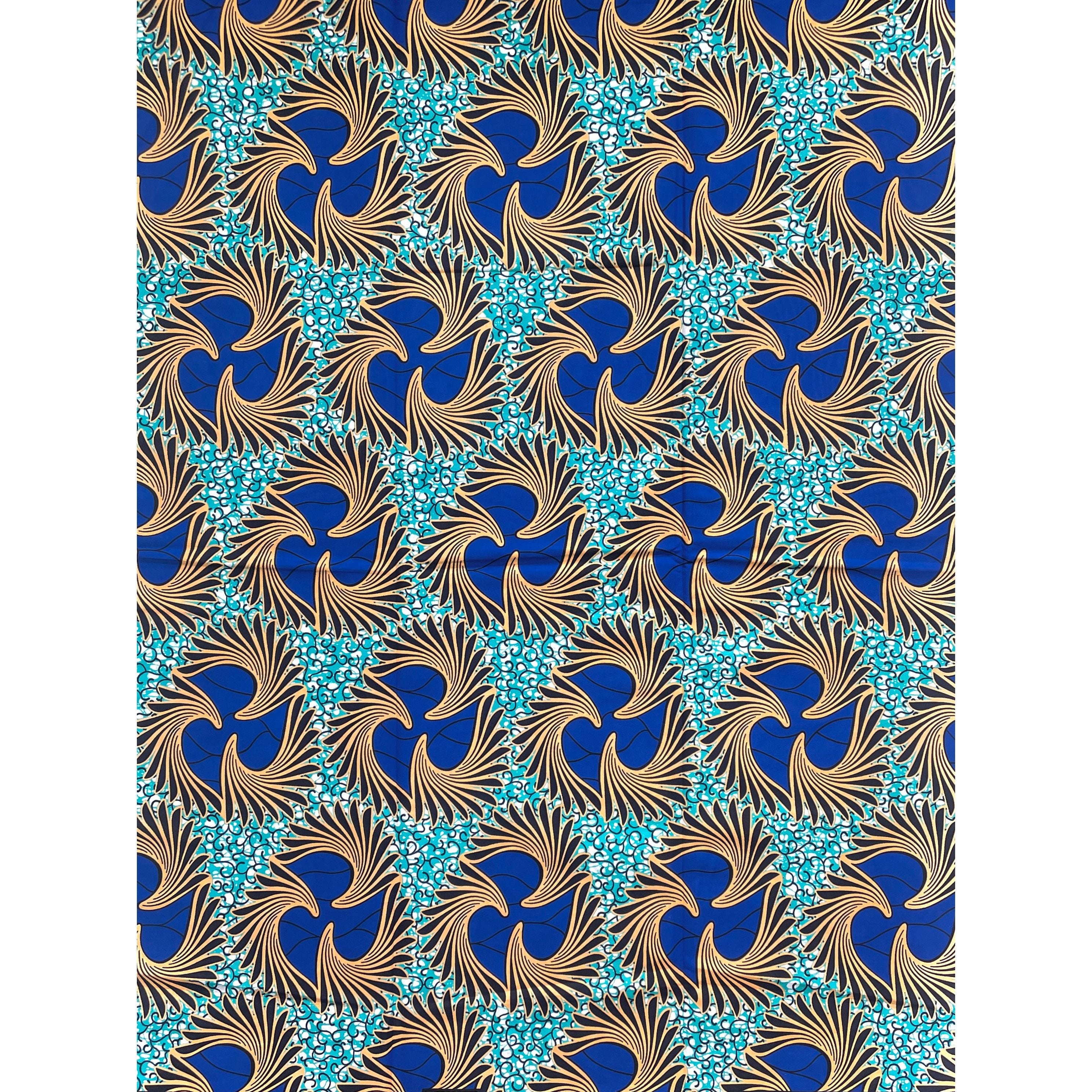 Tissu Wax Pagne Africain - 6 Yards 100% pur coton - Éventails Modernes BLEU / TURQUOISE / BEIGE