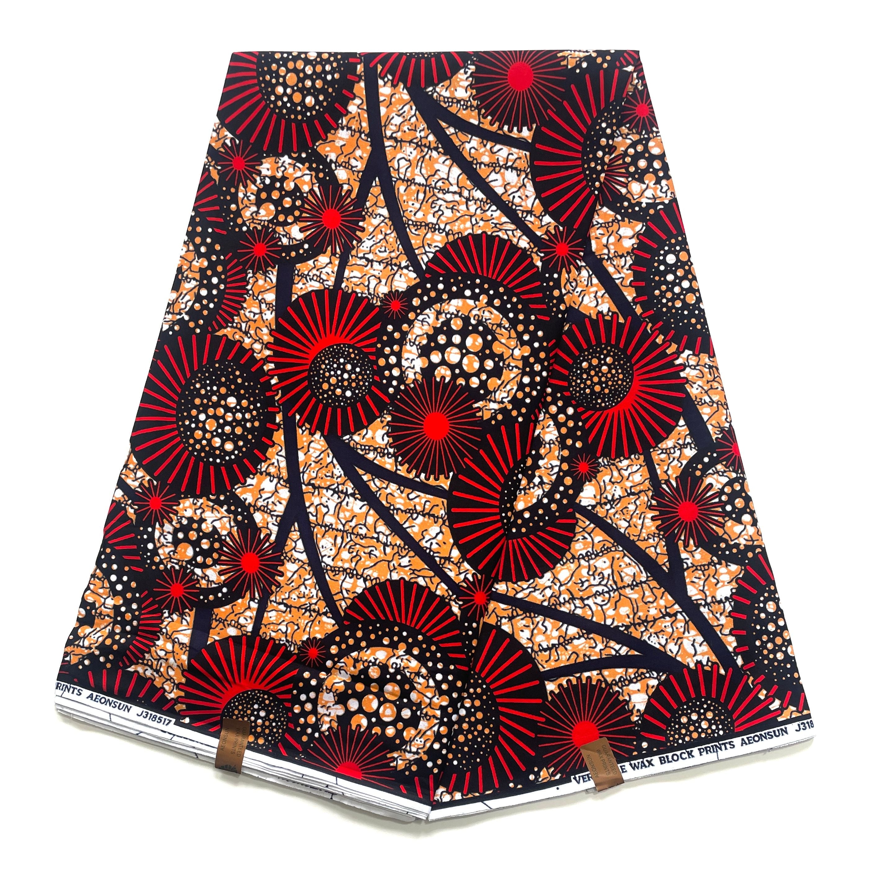 Tissu Wax Pagne Africain - 6 Yards 100% pur coton - Constellation Florale ROUGE / MARRON