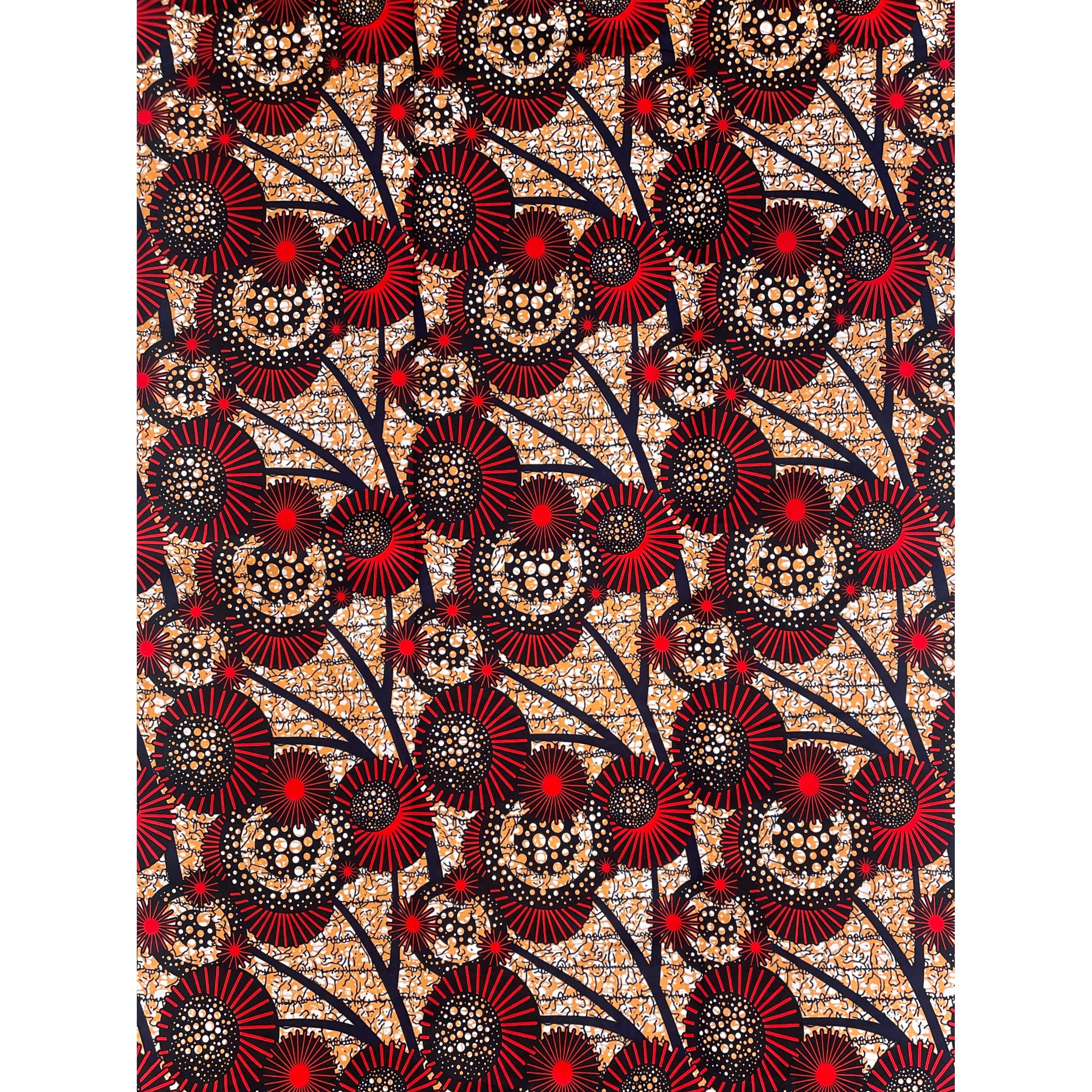Tissu Wax Pagne Africain - 6 Yards 100% pur coton - Constellation Florale ROUGE / MARRON