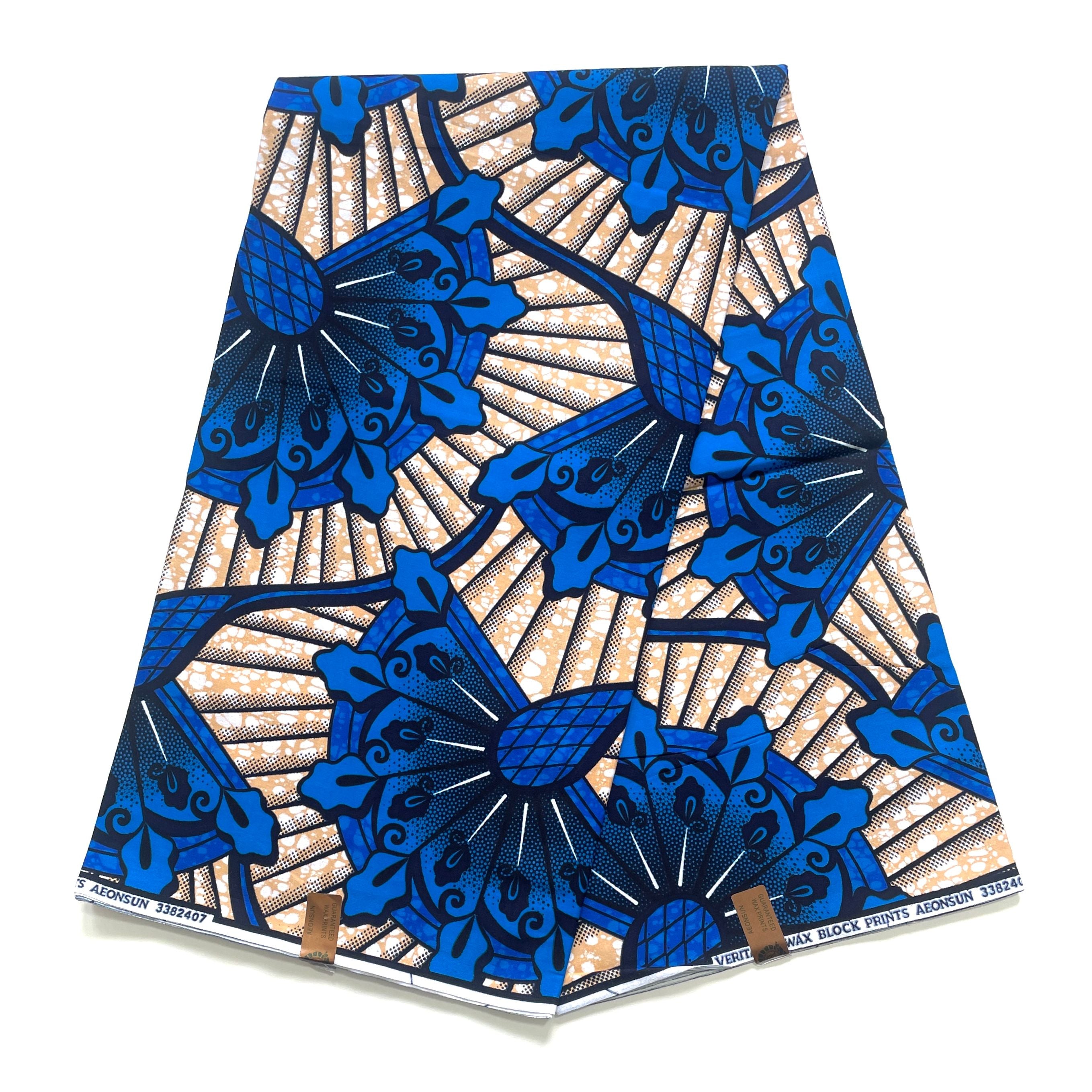 Tissu Wax Pagne Africain - 6 Yards 100% pur coton - Éventails d'Azur BLEU / BEIGE