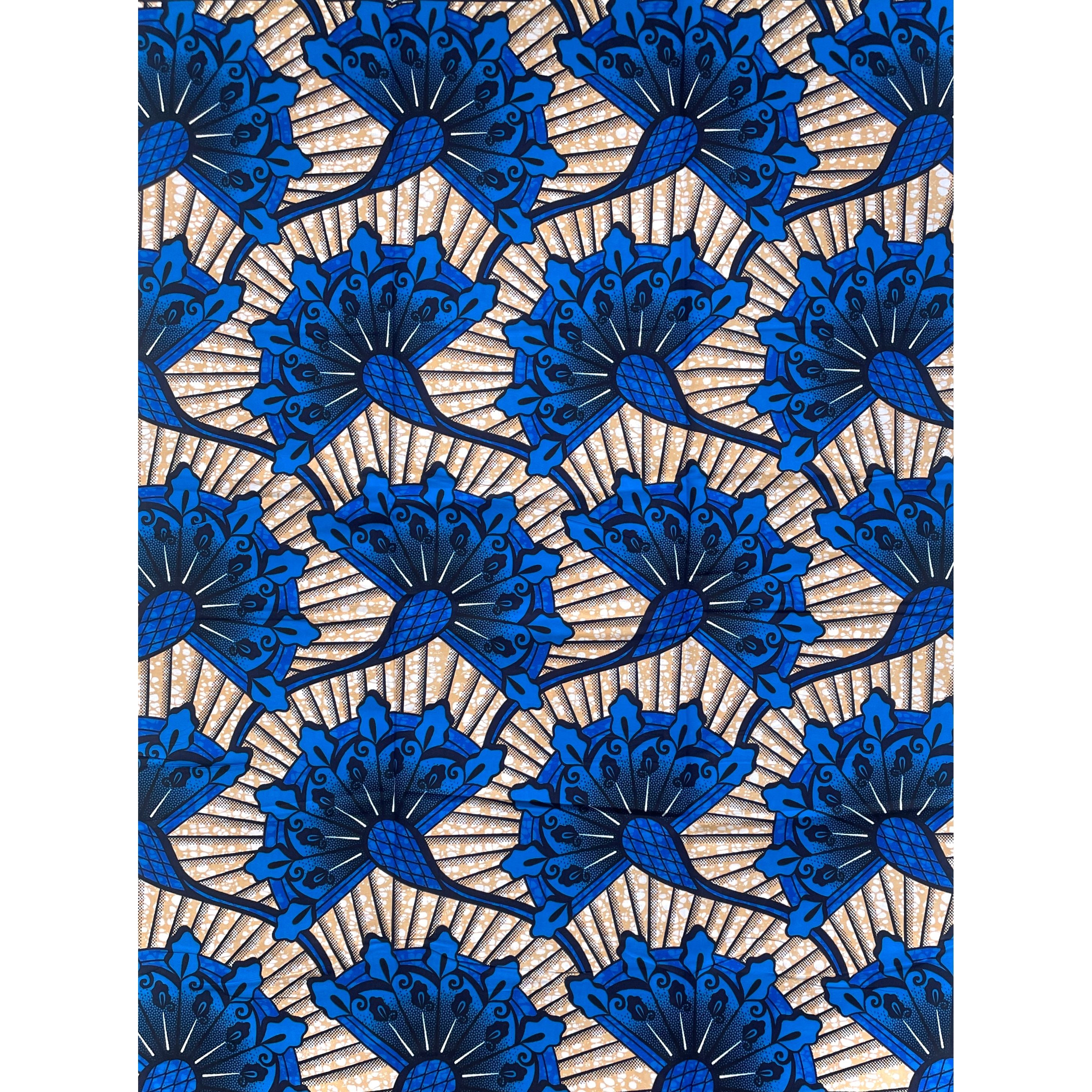 Tissu Wax Pagne Africain - 6 Yards 100% pur coton - Éventails d'Azur BLEU / BEIGE