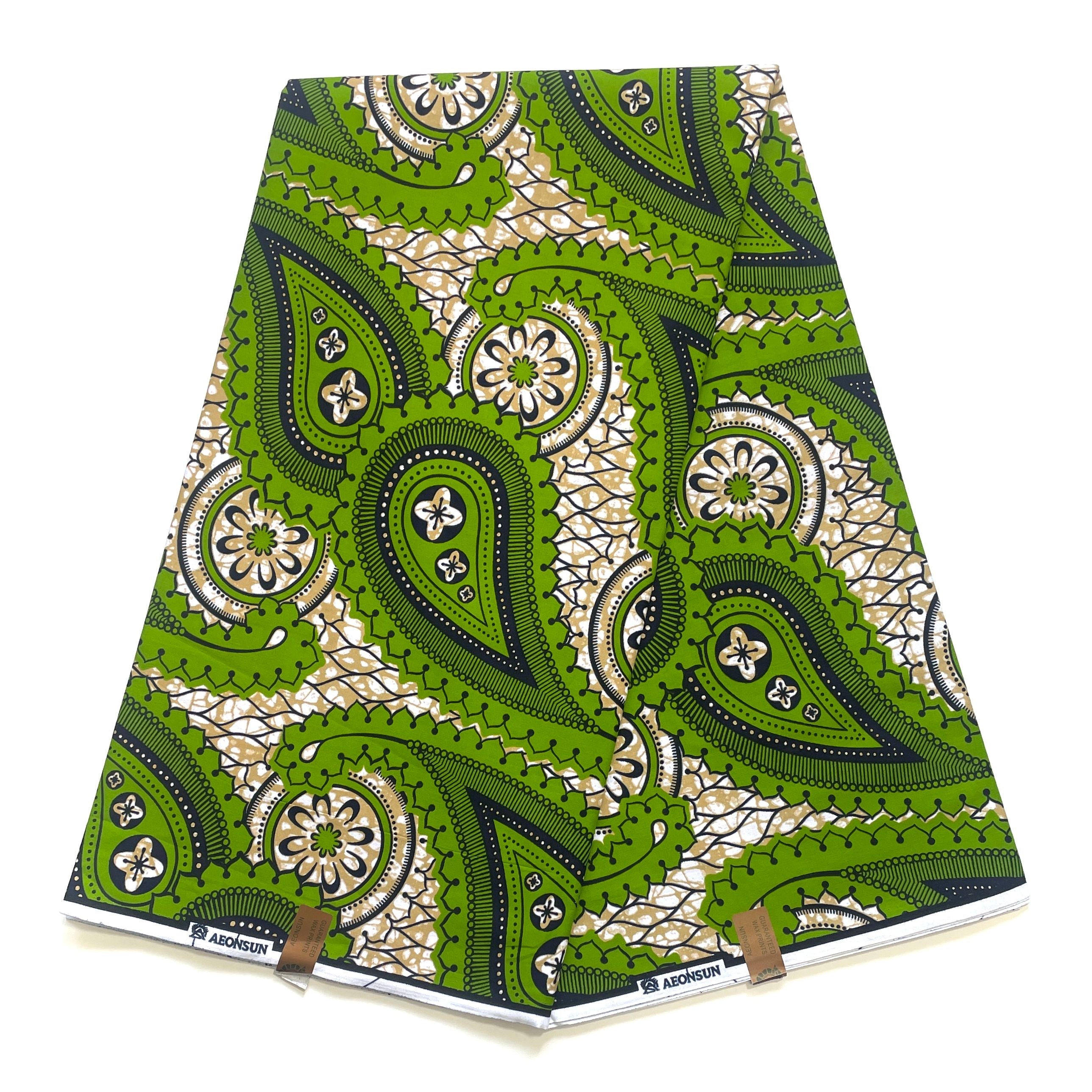 Tissu Wax Pagne Africain - 6 Yards 100% pur coton - Jardin Cachemire VERT / BEIGE