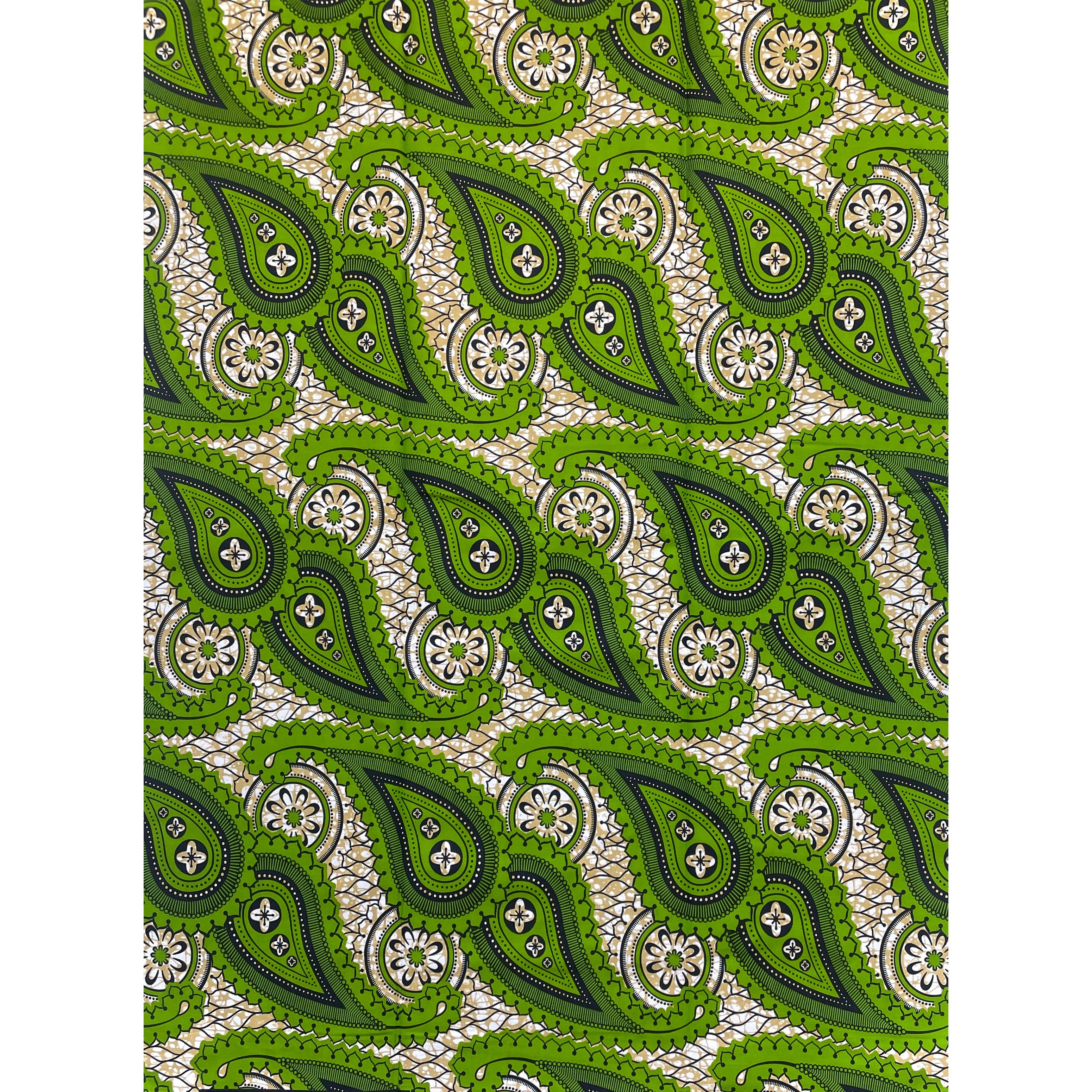 Tissu Wax Pagne Africain - 6 Yards 100% pur coton - Jardin Cachemire VERT / BEIGE
