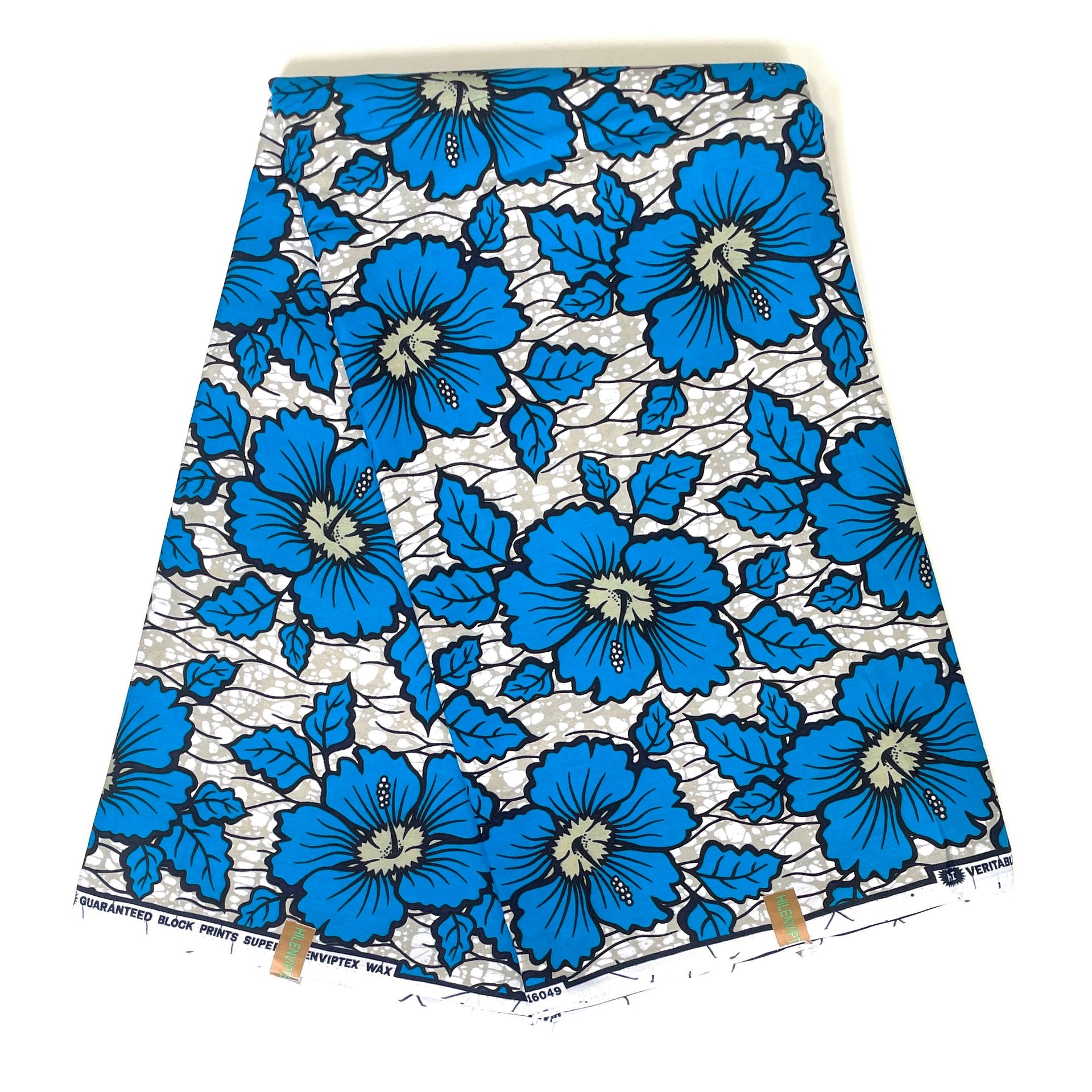 Wax Pagne Africain - Tissu 100% Coton - Hibiscus Azur BLEU / GRIS