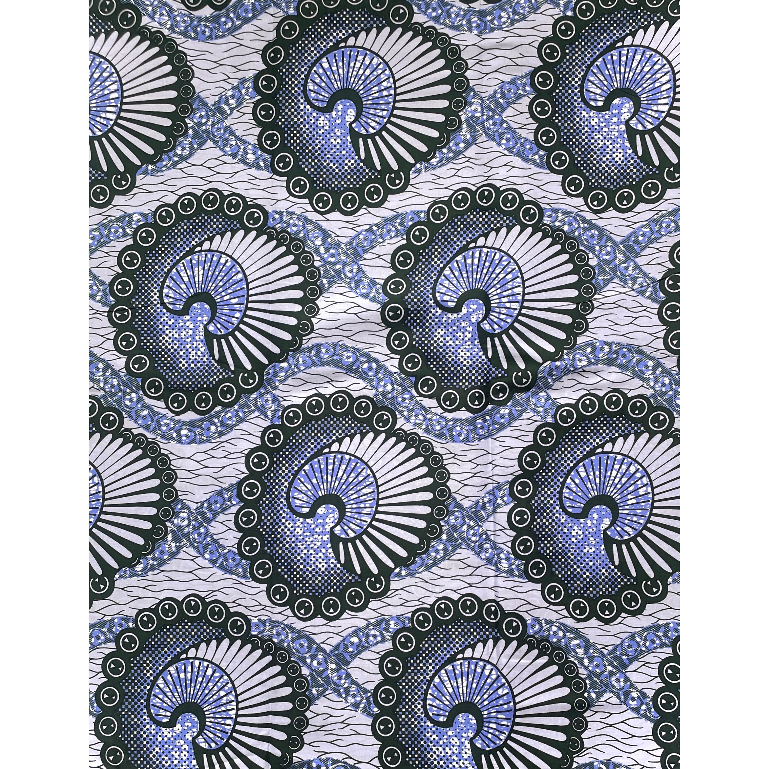 Wax Tissu Coupon 2 Yards - Pagne Africain 100% Coton - Coquille Impériale BLEU / GRIS / VERT