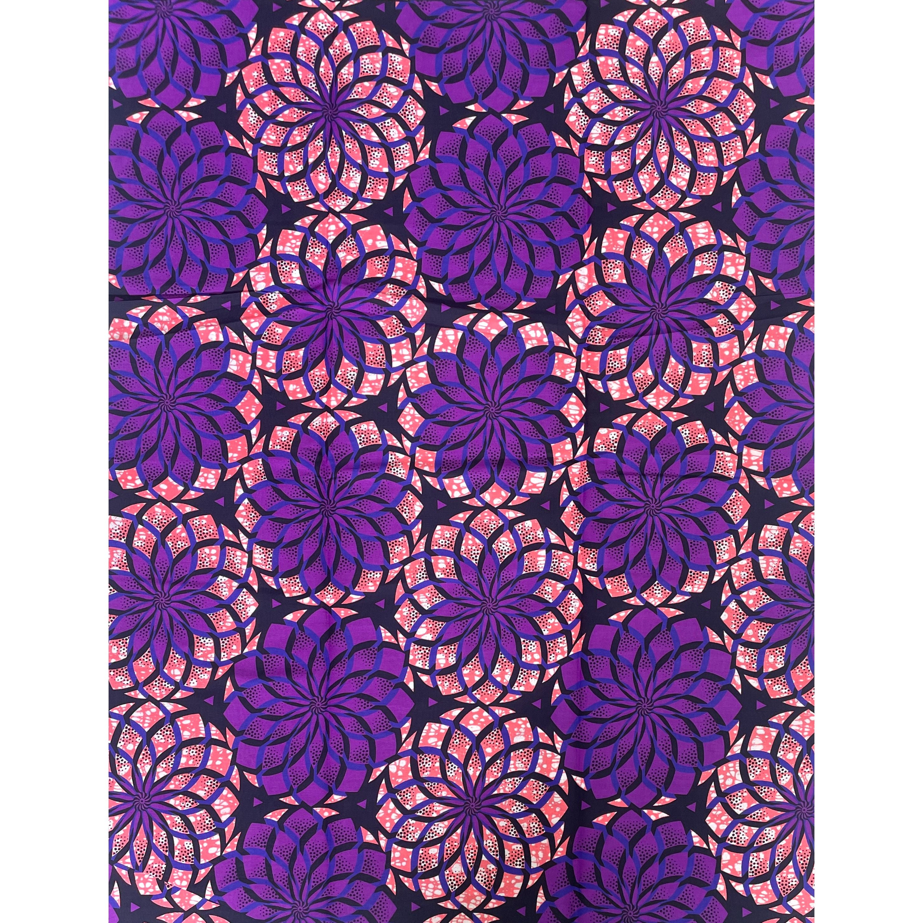 Wax Tissu Coupon 2 Yards - Pagne Africain 100% Coton - Dahlia Royal VIOLET / ROSE