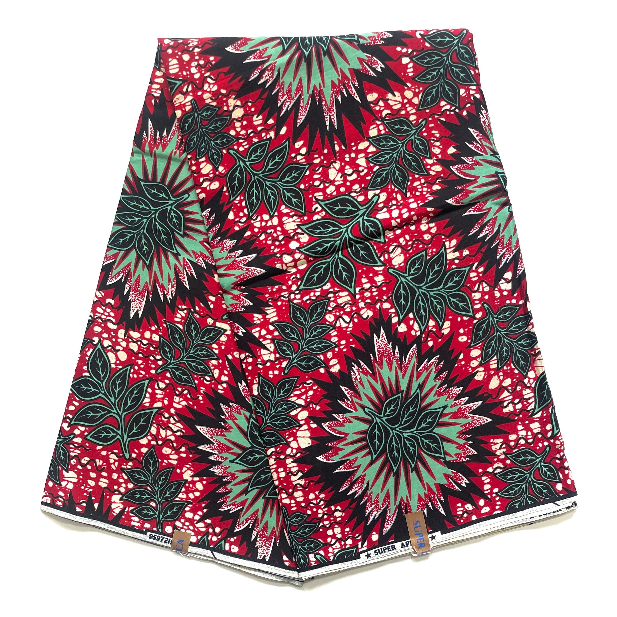 Wax Tissu Coupon 2 Yards - Pagne Africain 100% Coton - Éclat Botanique ROUGE / VERT
