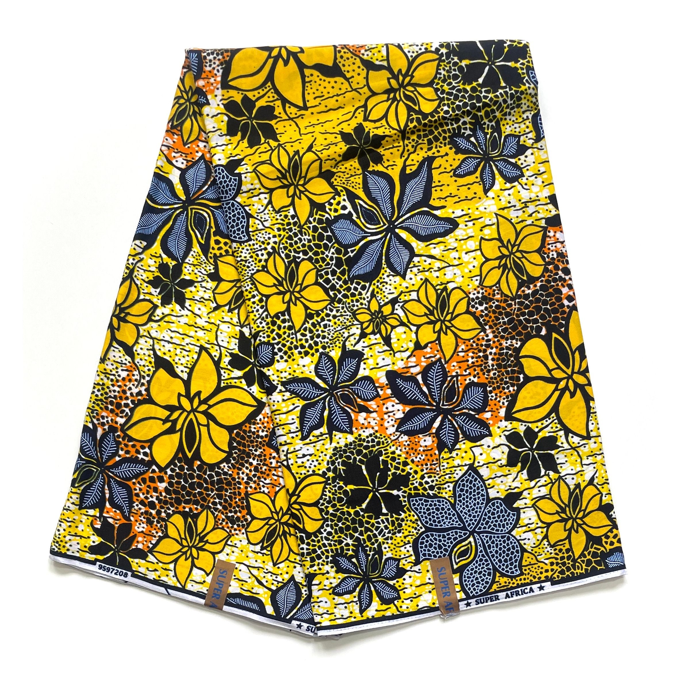 Wax Tissu Coupon 2 Yards - Pagne Africain 100% Coton - Jardin Solaire JAUNE / ORANGE / BLEU