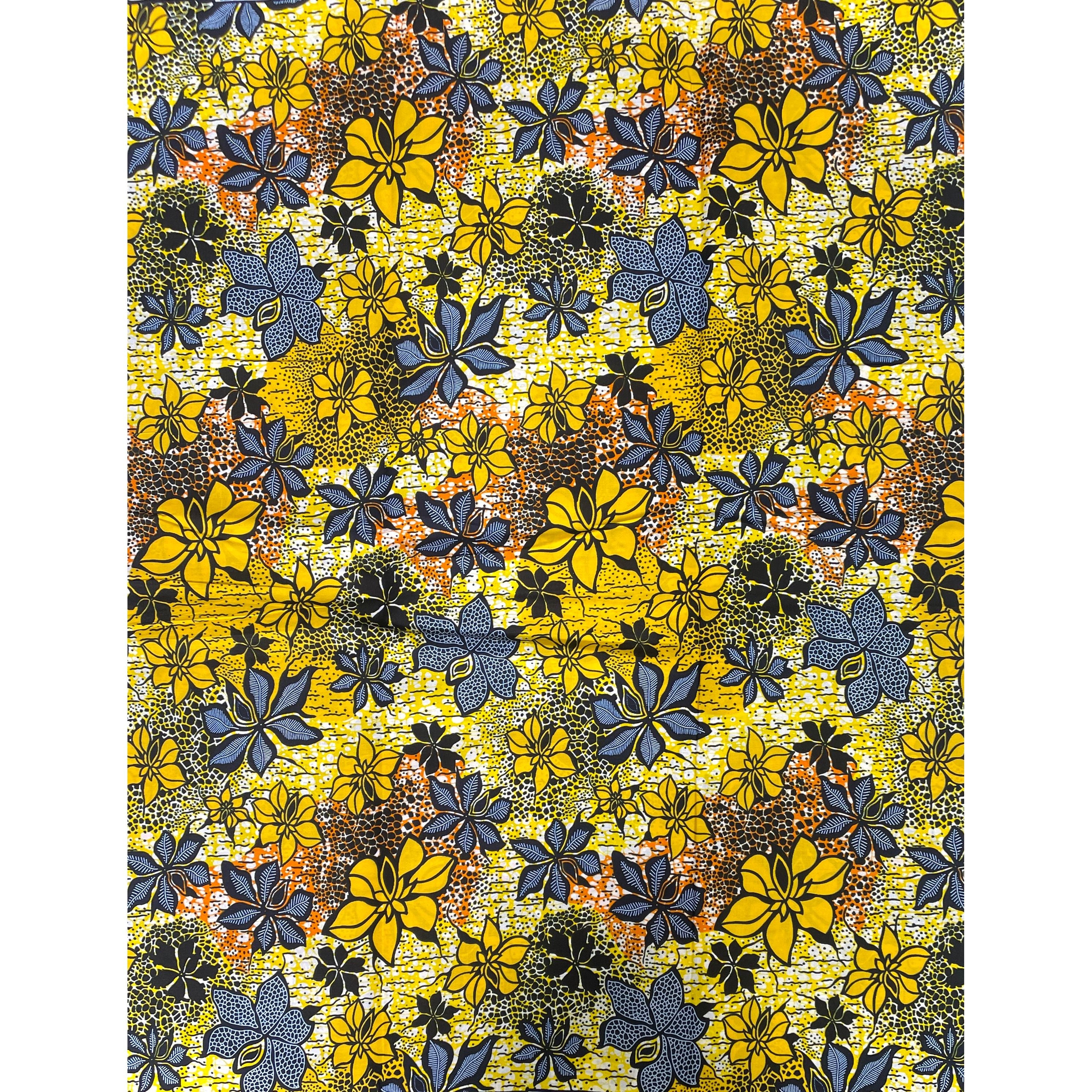 Wax Tissu Coupon 2 Yards - Pagne Africain 100% Coton - Jardin Solaire JAUNE / ORANGE / BLEU