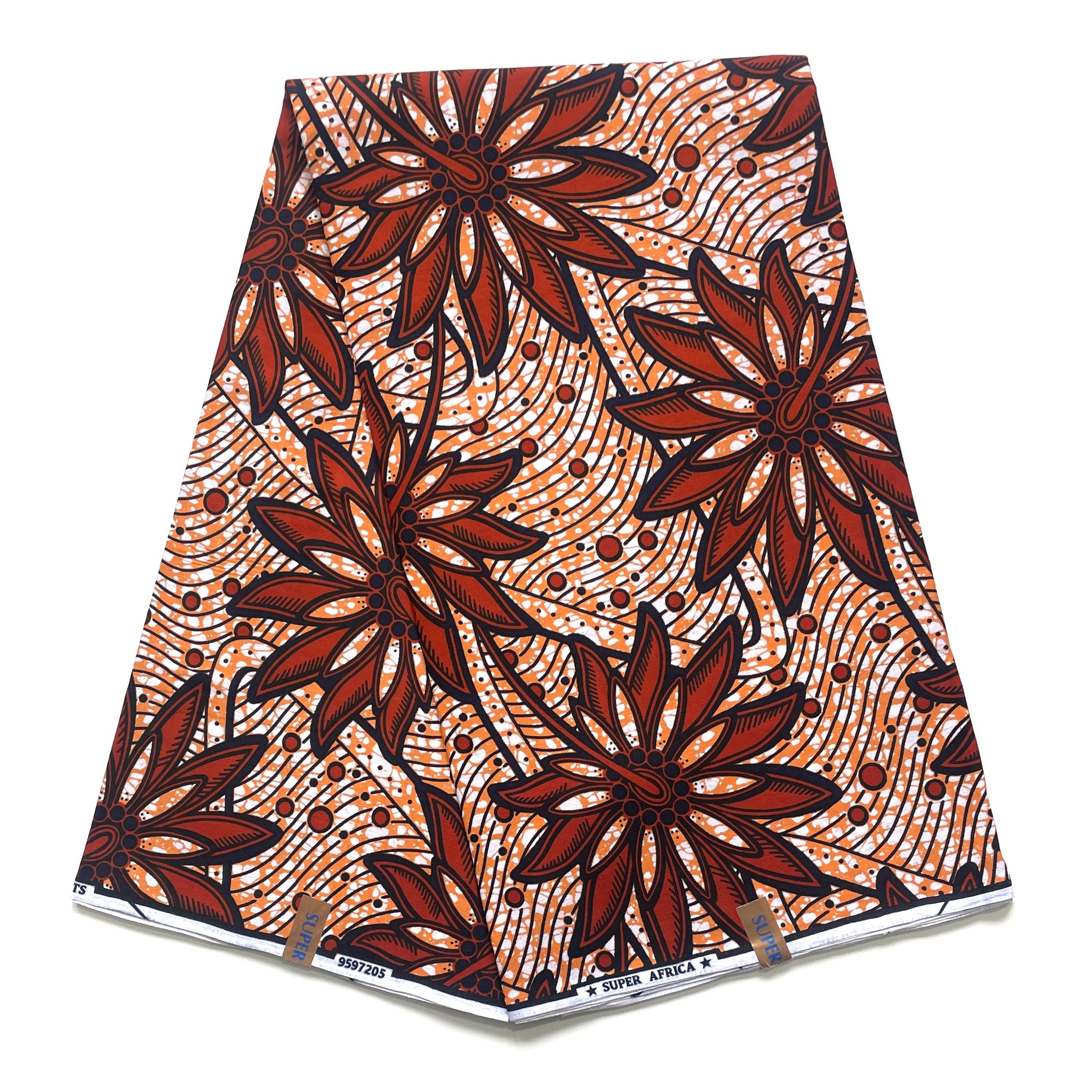 Wax Tissu Coupon 2 Yards - Pagne Africain 100% Coton - Fleurs XL MARRON