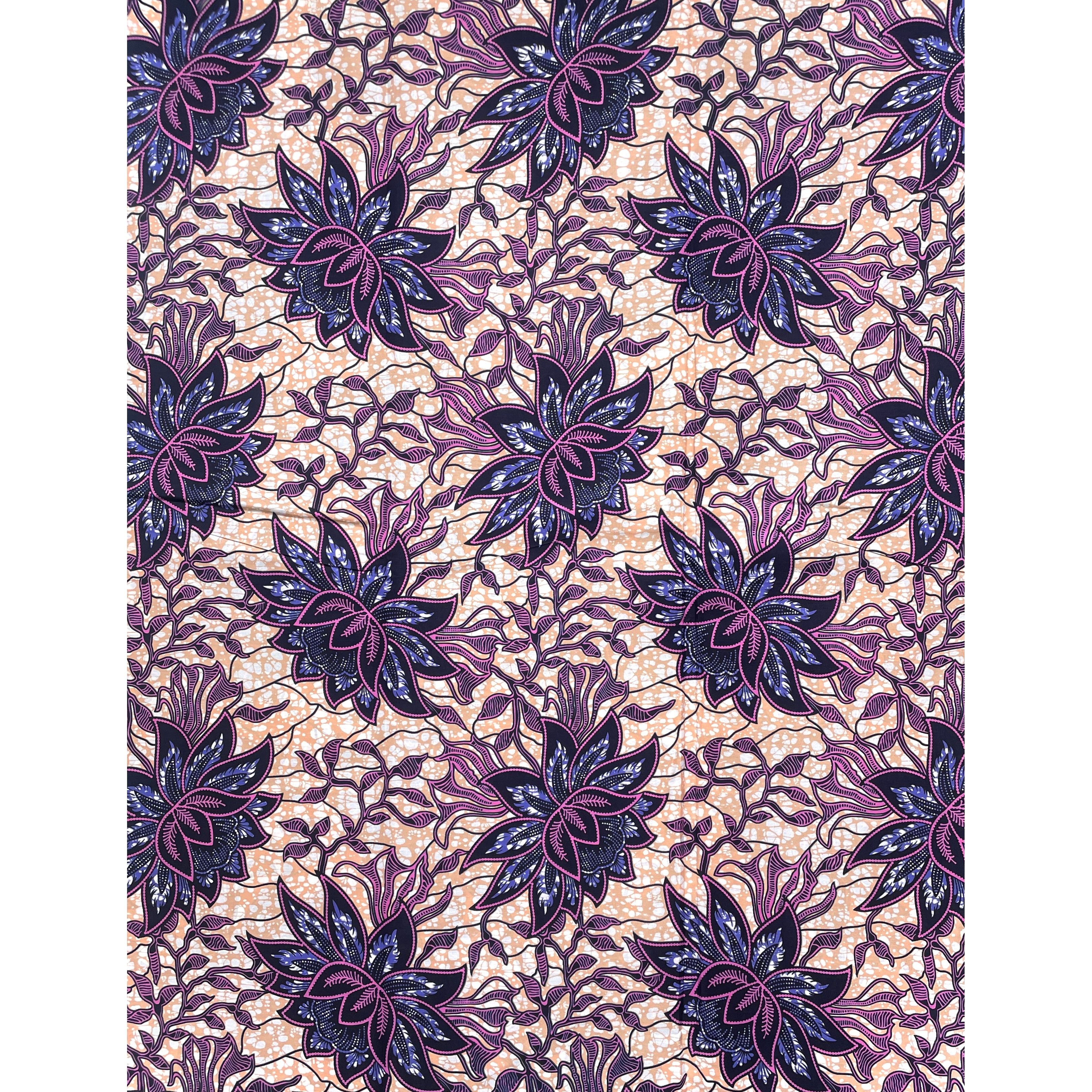 Wax Tissu Coupon 2 Yards - Pagne Africain 100% Coton - Jardin Enchanté ROSE / VIOLET / BEIGE