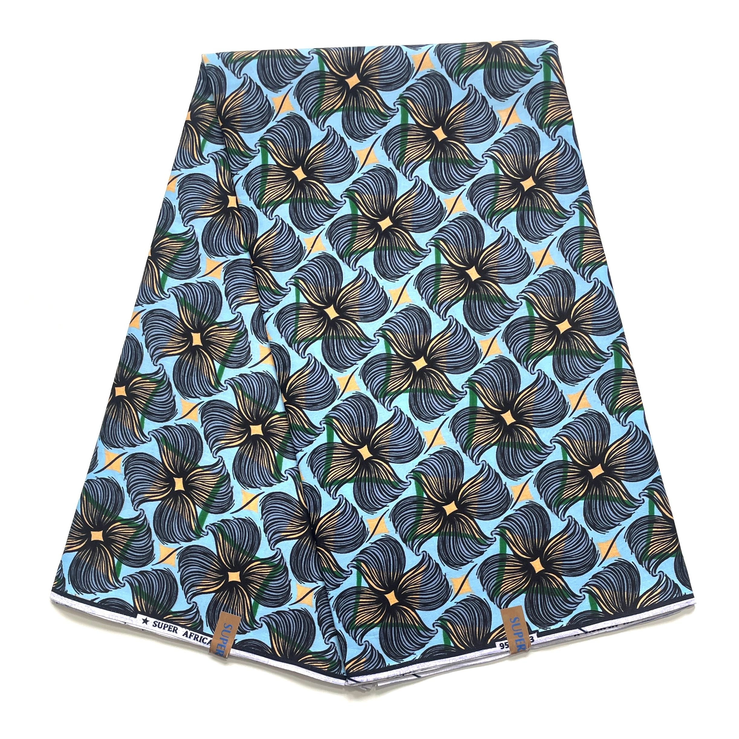 Wax Tissu Coupon 2 Yards - Pagne Africain 100% Coton - Fleur de Lagon BLEU / BEIGE