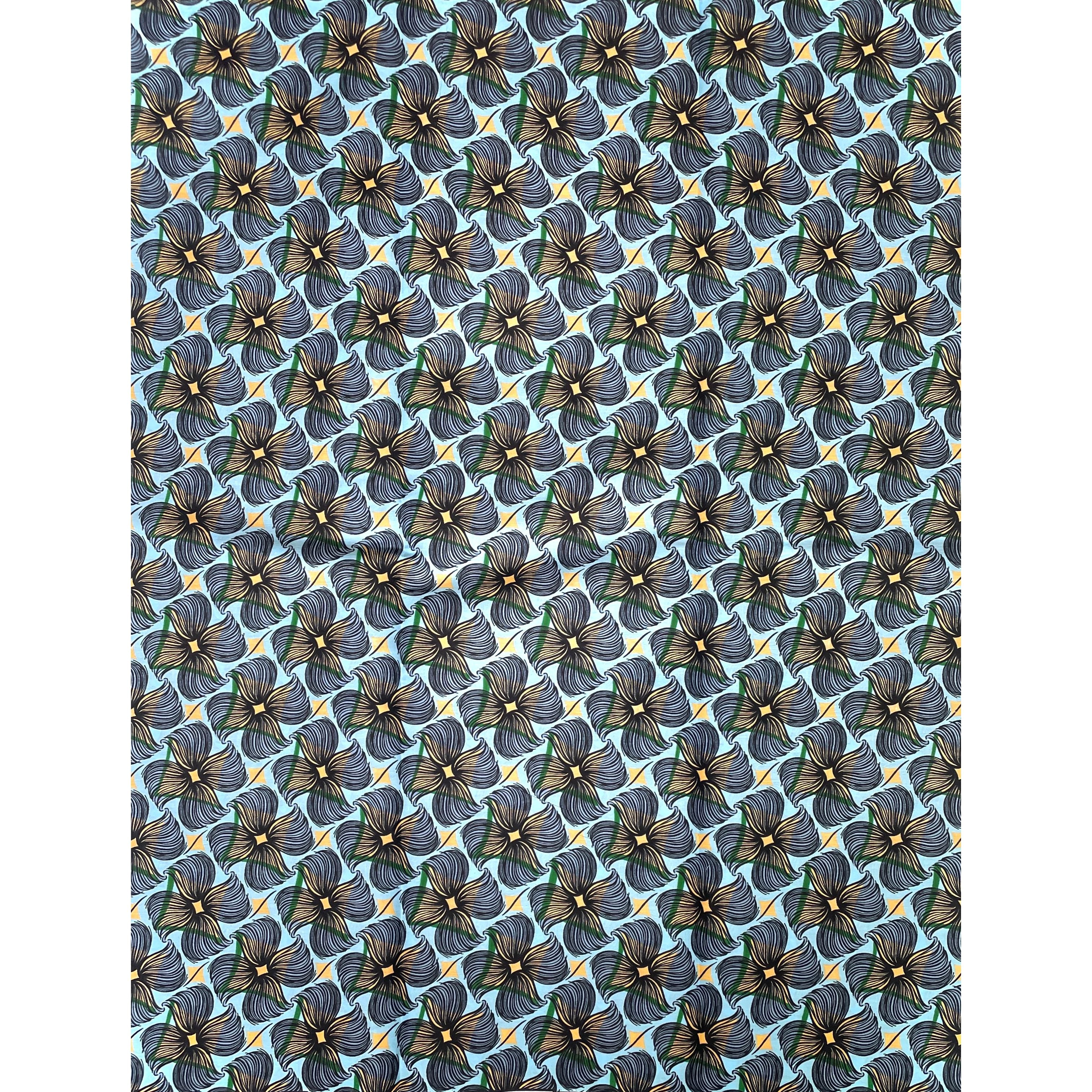 Wax Tissu Coupon 2 Yards - Pagne Africain 100% Coton - Fleur de Lagon BLEU / BEIGE